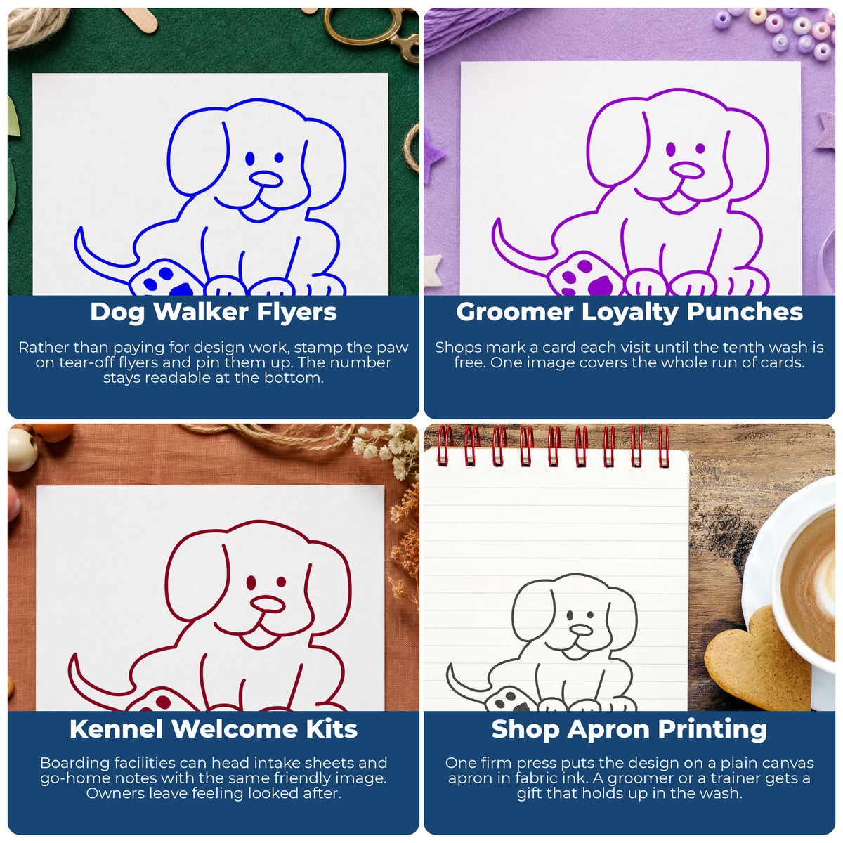 Sitting Puppy with Raised Paw Rubber Stamp project ideas: Dog Walker Flyers, Groomer Loyalty Punches, Kennel Welcome Kits and Shop Apron Printing.