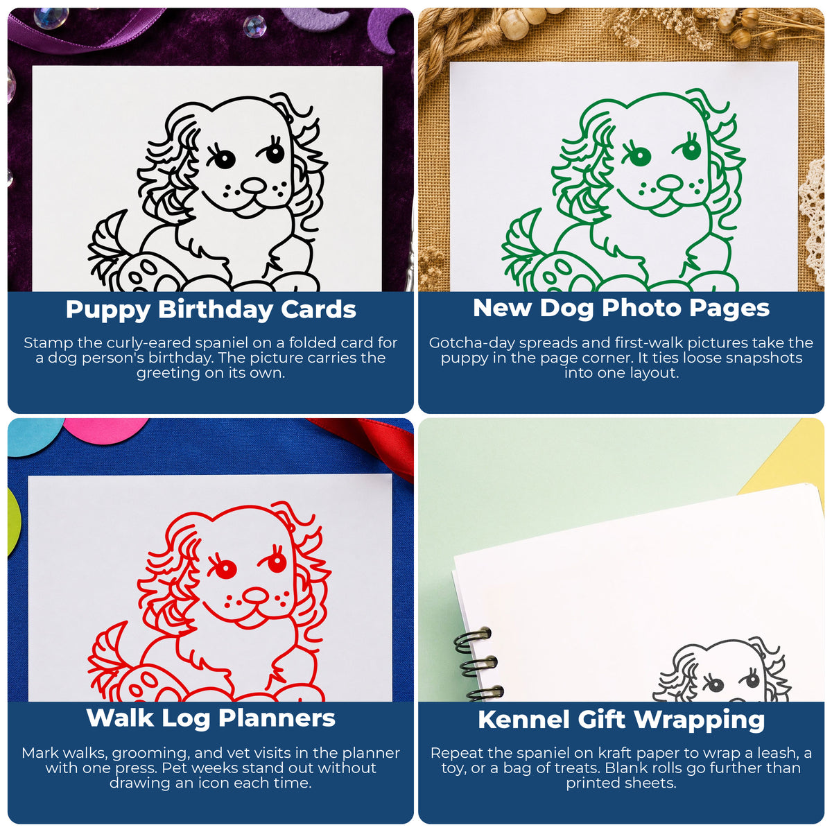 Cocker Spaniel Puppy Rubber Stamp project ideas: Puppy Birthday Cards, New Dog Photo Pages, Walk Log Planners and Kennel Gift Wrapping.