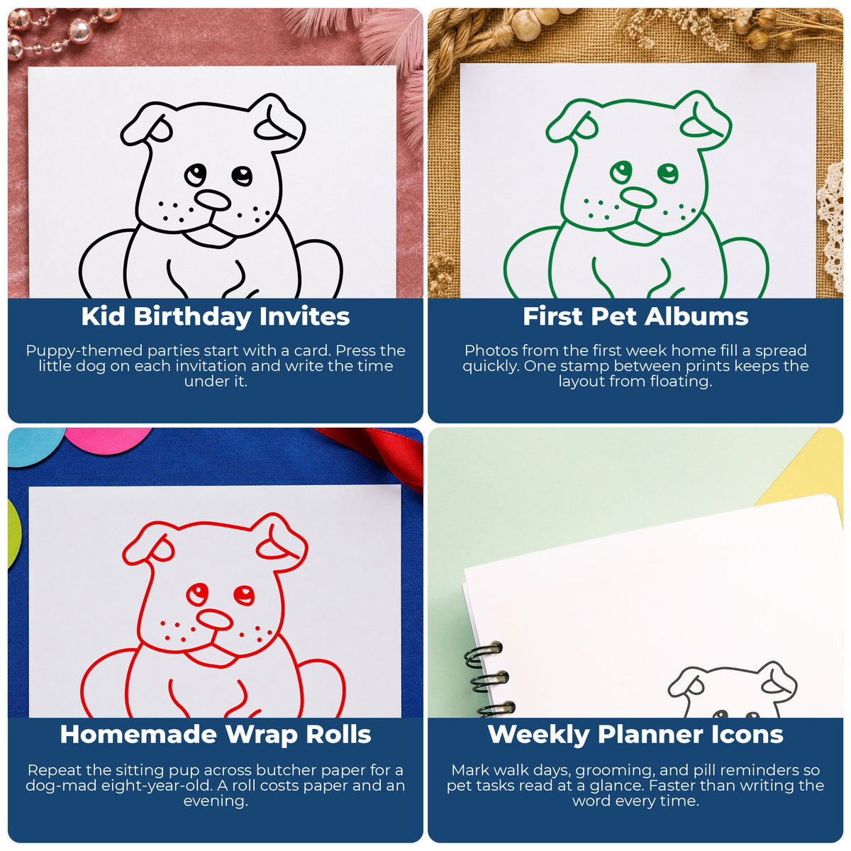 Short Eared Puppy Rubber Stamp project ideas: Kid Birthday Invites, First Pet Albums, Homemade Wrap Rolls and Weekly Planner Icons.