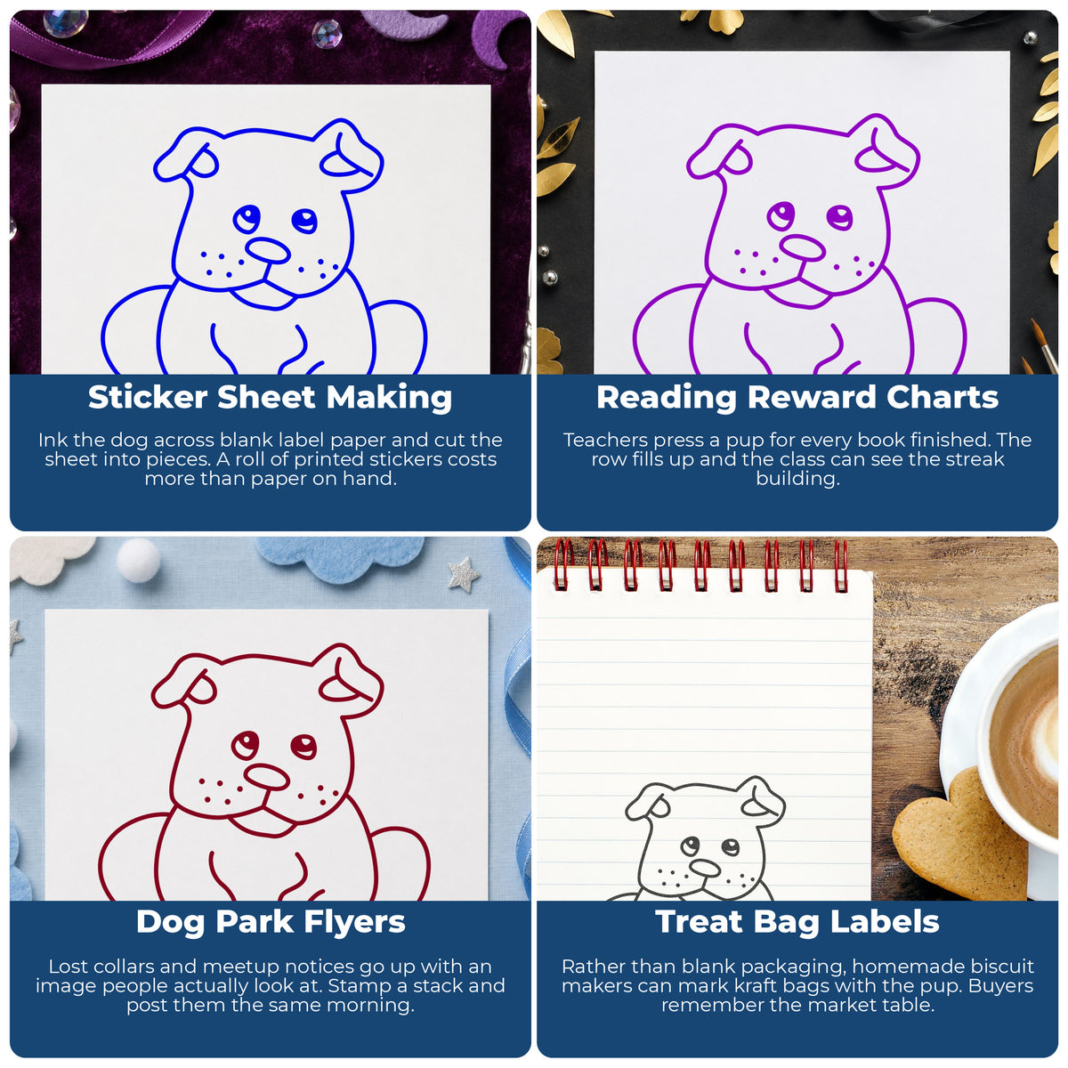 Short Eared Puppy Rubber Stamp project ideas: Sticker Sheet Making, Reading Reward Charts, Dog Park Flyers and Treat Bag Labels.