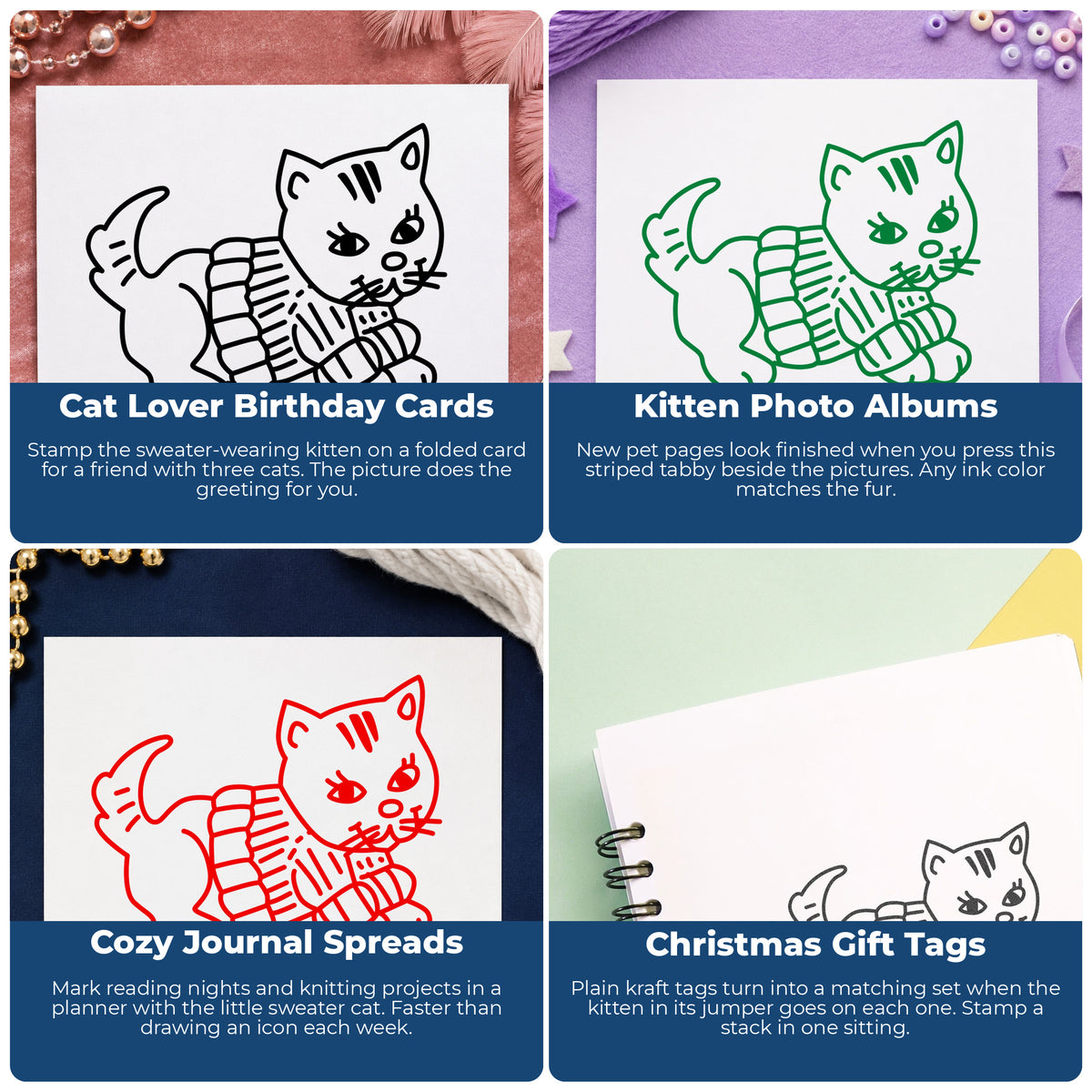 Striped Kitten in Sweater Rubber Stamp project ideas: Cat Lover Birthday Cards, Kitten Photo Albums, Cozy Journal Spreads and Christmas Gift Tags.