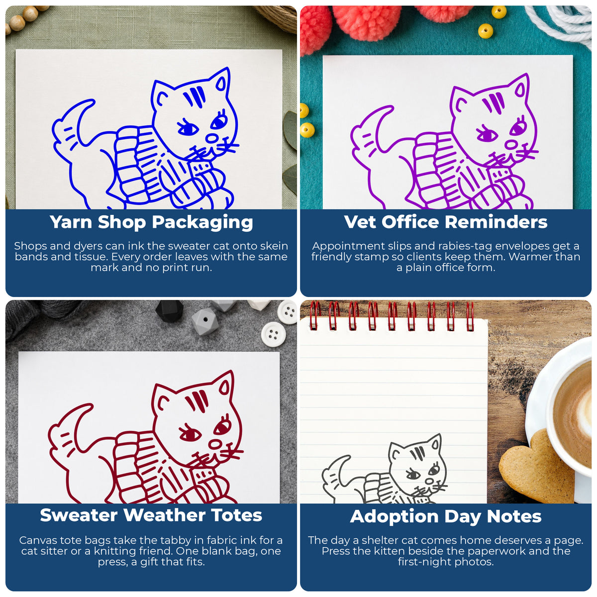 Striped Kitten in Sweater Rubber Stamp project ideas: Yarn Shop Packaging, Vet Office Reminders, Sweater Weather Totes and Adoption Day Notes.
