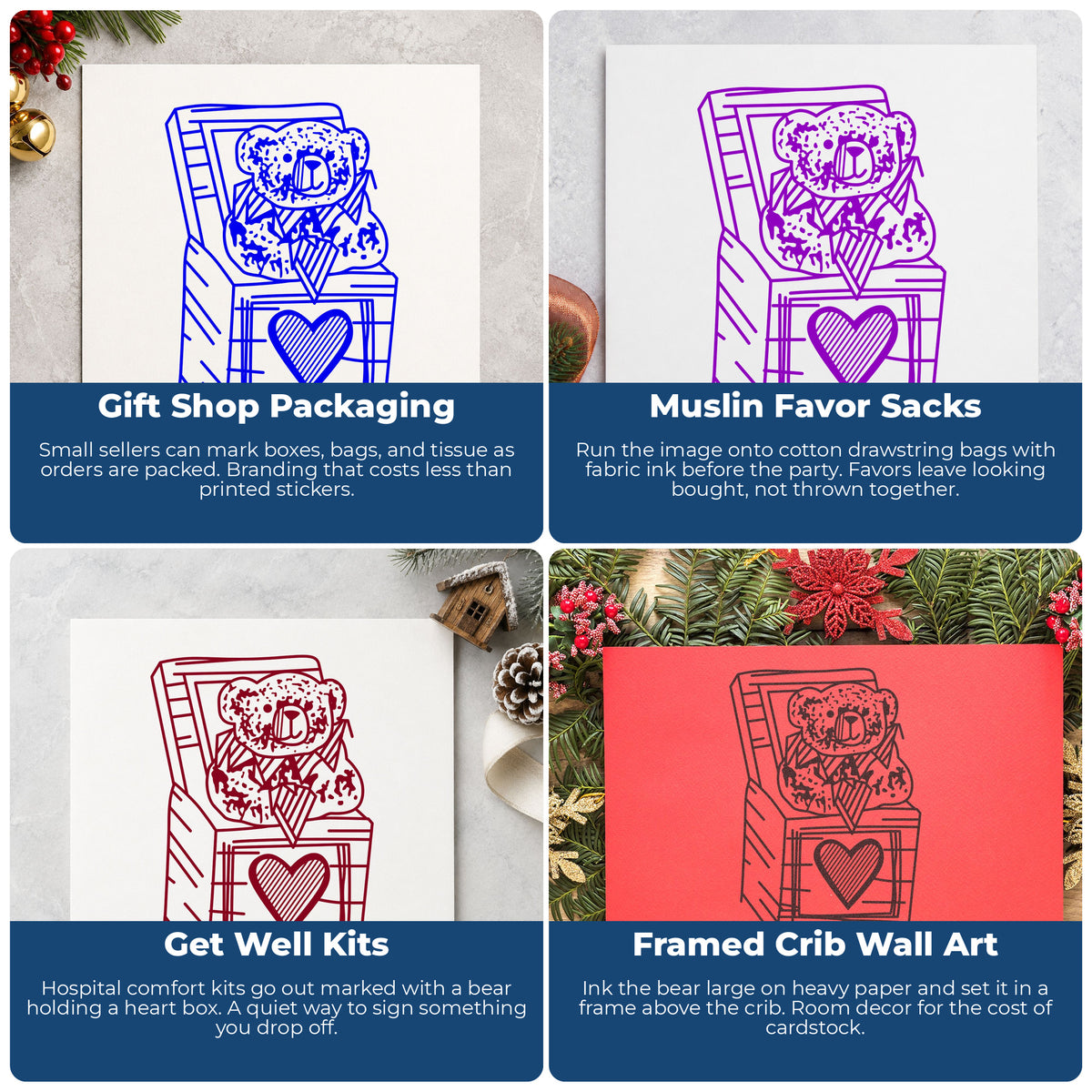 Bear in Heart Gift Box Rubber Stamp project ideas: Gift Shop Packaging, Muslin Favor Sacks, Get Well Kits and Framed Crib Wall Art.