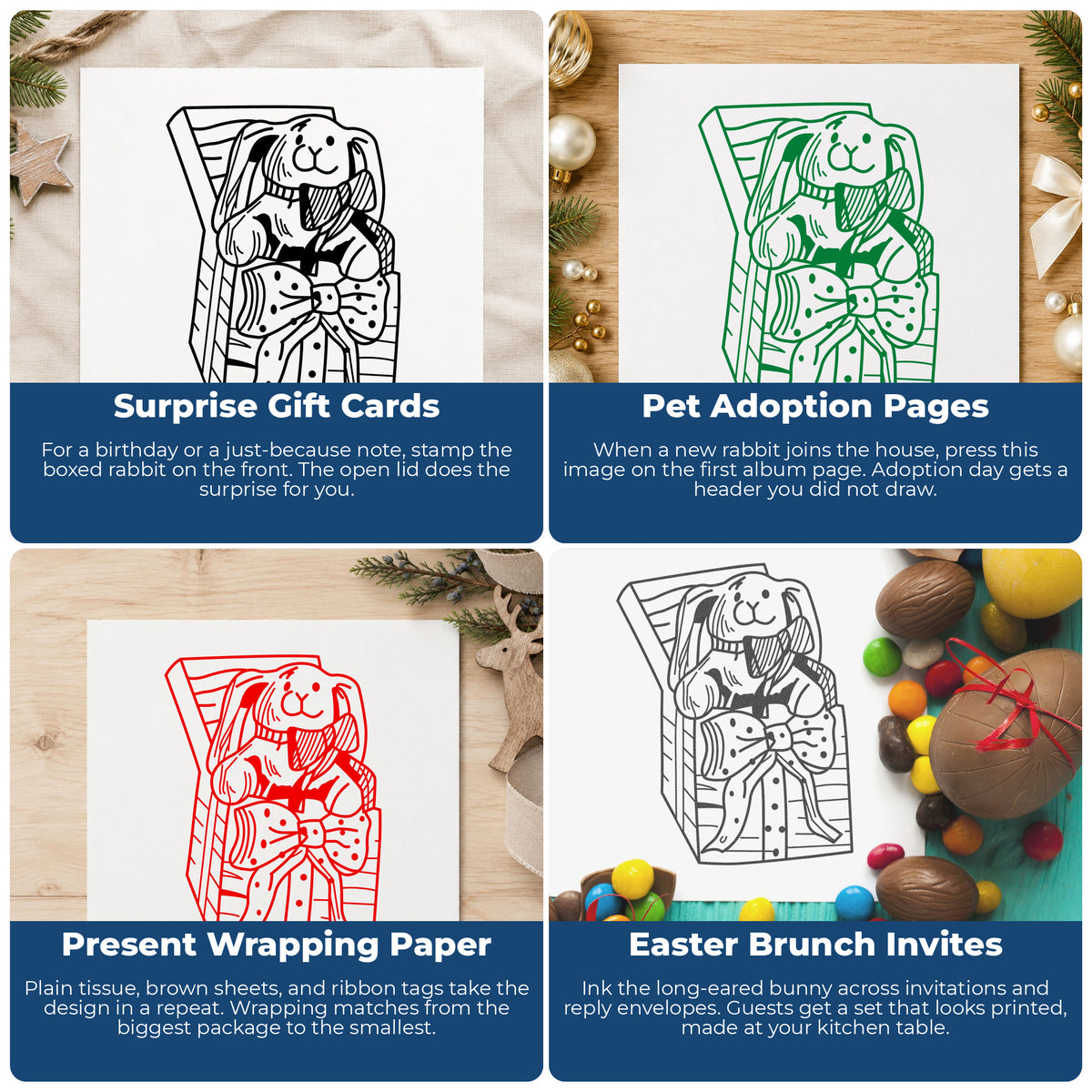 Bunny in Bow Gift Box Rubber Stamp project ideas: Surprise Gift Cards, Pet Adoption Pages, Present Wrapping Paper and Easter Brunch Invites.