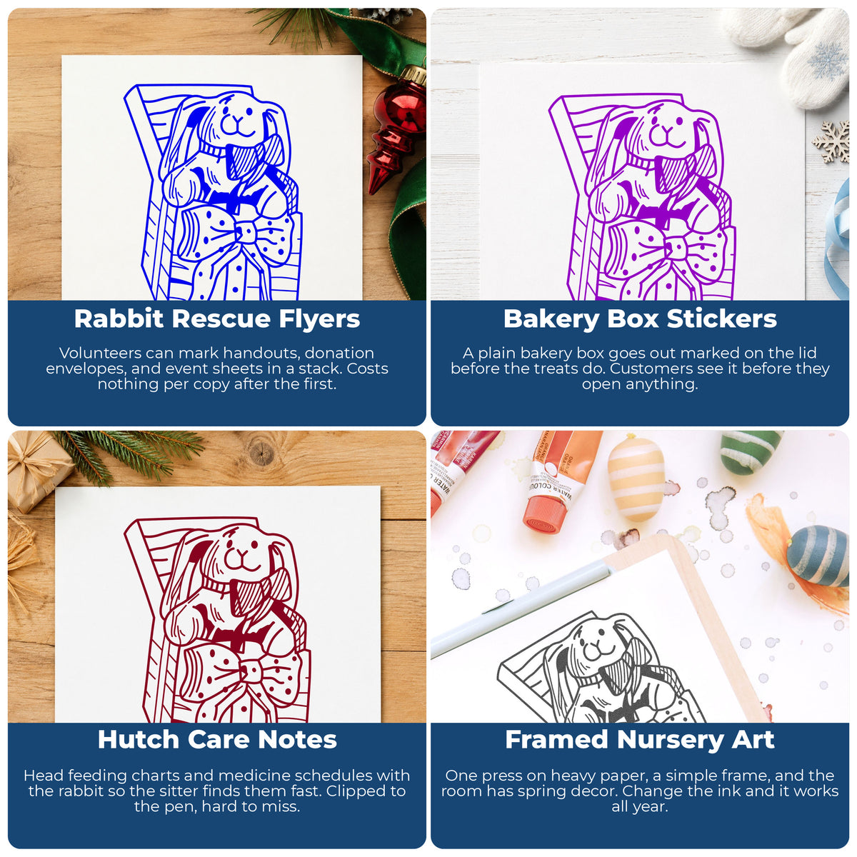 Bunny in Bow Gift Box Rubber Stamp project ideas: Rabbit Rescue Flyers, Bakery Box Stickers, Hutch Care Notes and Framed Nursery Art.