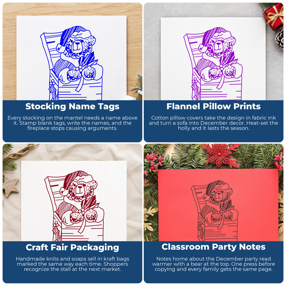 Christmas Bear in Gift Box Rubber Stamp project ideas: Stocking Name Tags, Flannel Pillow Prints, Craft Fair Packaging and Classroom Party Notes.