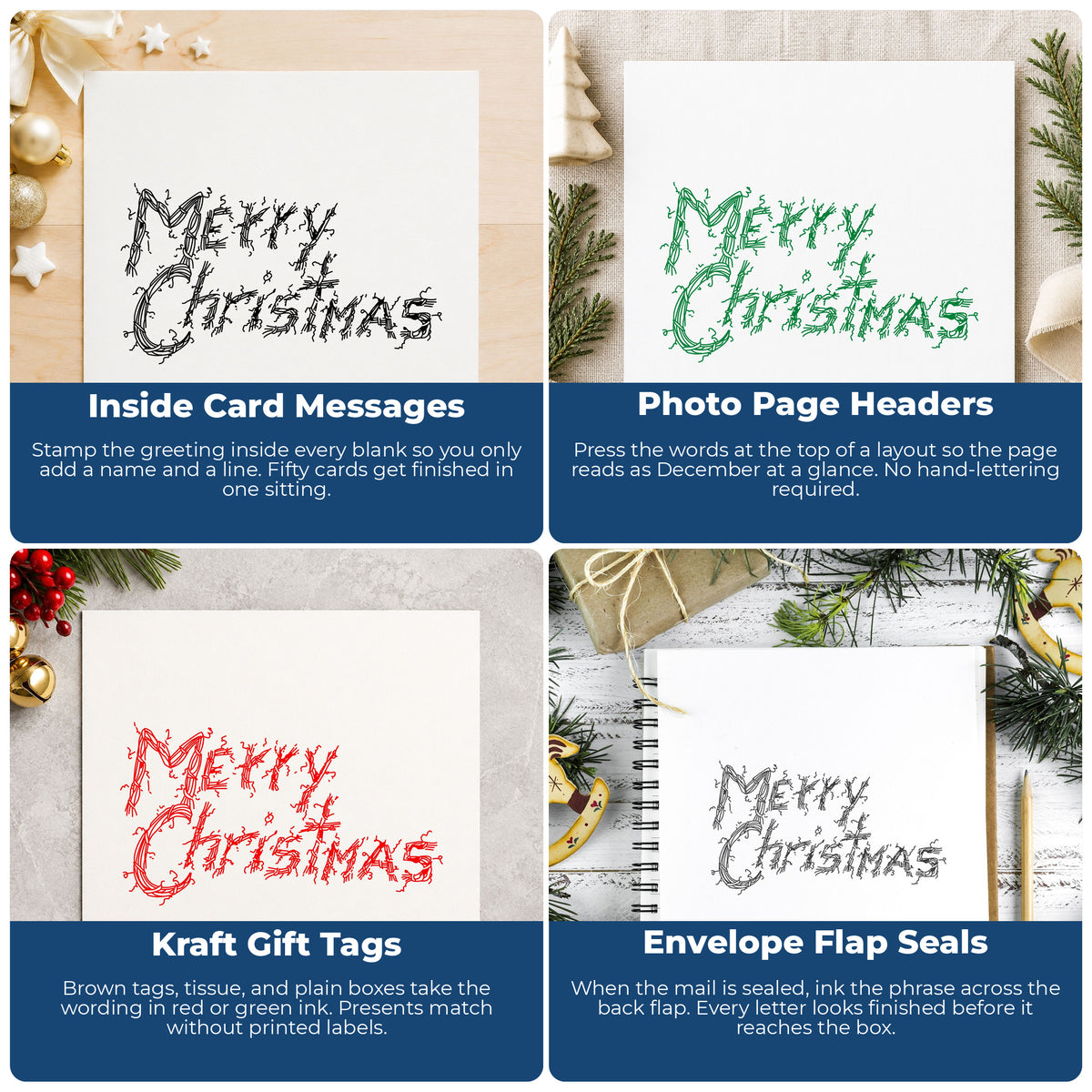 Merry Christmas Greeting Rubber Stamp project ideas: Inside Card Messages, Photo Page Headers, Kraft Gift Tags and Envelope Flap Seals.
