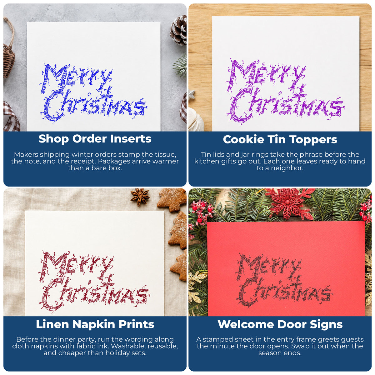 Merry Christmas Greeting Rubber Stamp project ideas: Shop Order Inserts, Cookie Tin Toppers, Linen Napkin Prints and Welcome Door Signs.