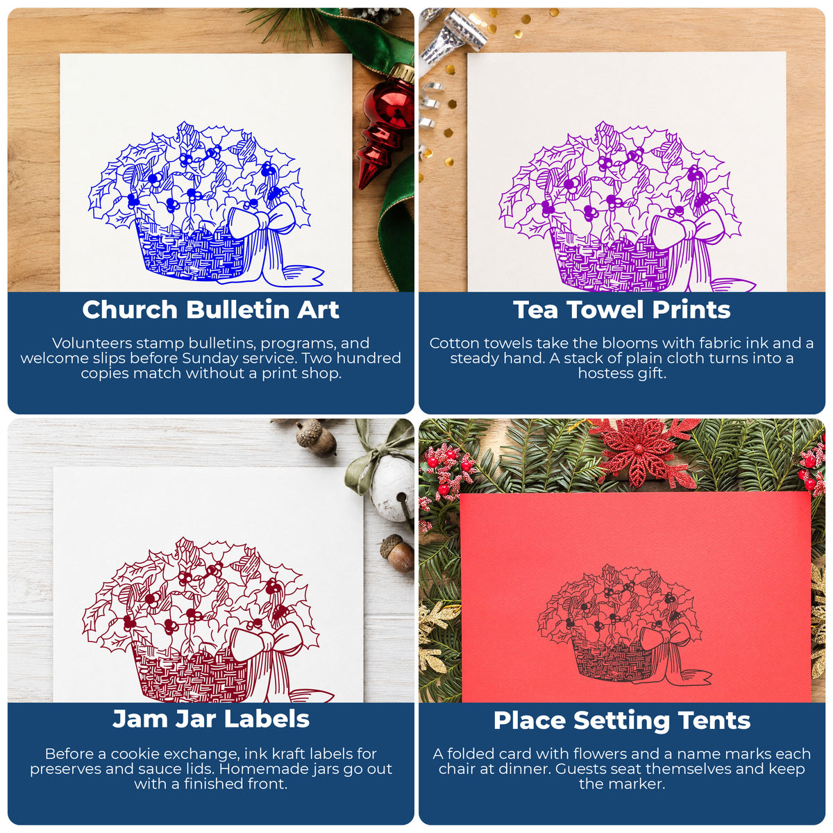 Basket of Poinsettias Rubber Stamp project ideas: Church Bulletin Art, Tea Towel Prints, Jam Jar Labels and Place Setting Tents.