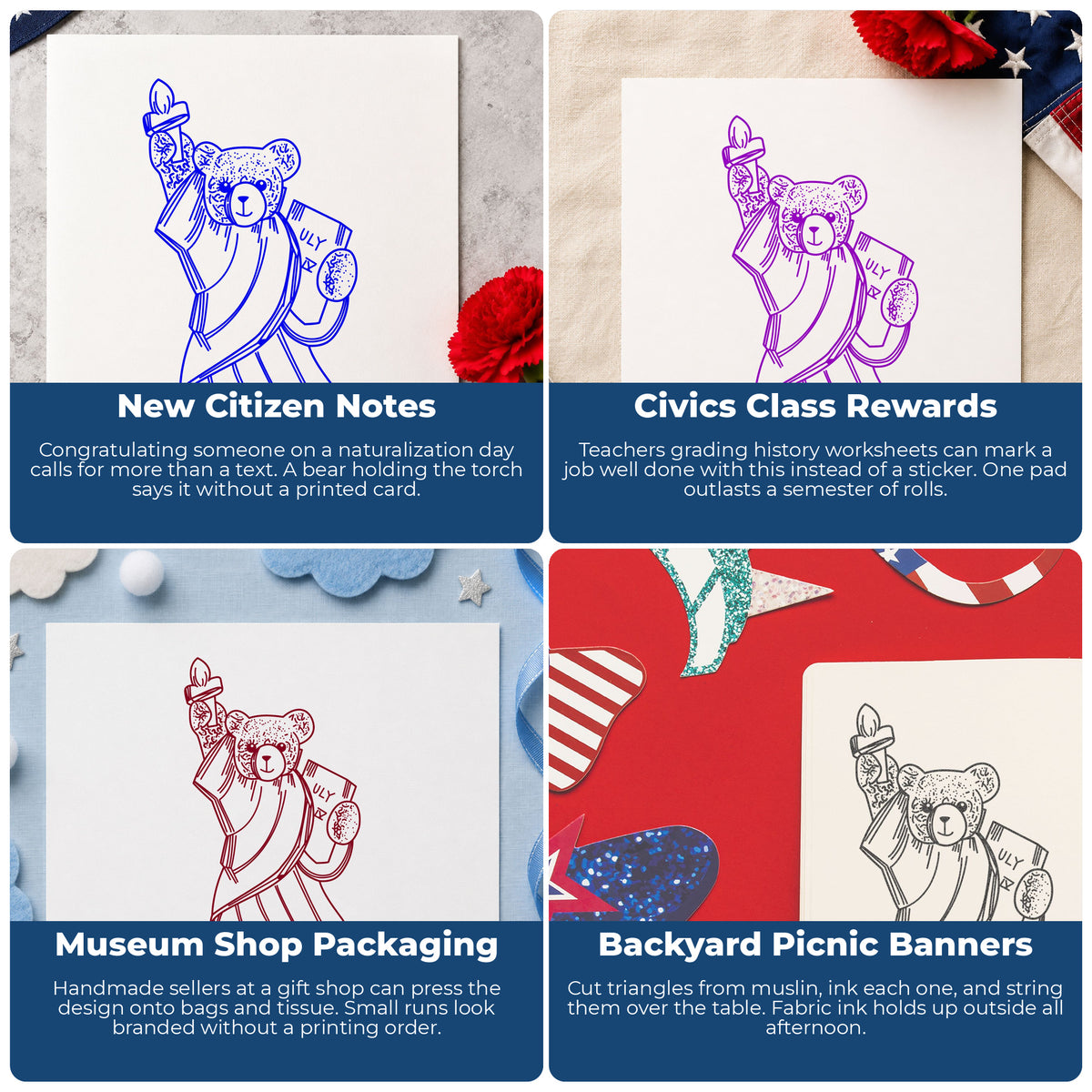 Statue of Liberty Bear Rubber Stamp project ideas: New Citizen Notes, Civics Class Rewards, Museum Shop Packaging and Backyard Picnic Banners.