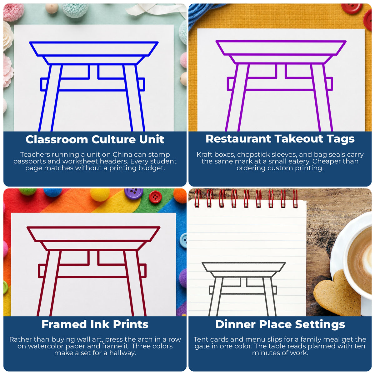 Chinese Gate Line Art Rubber Stamp project ideas: Classroom Culture Unit, Restaurant Takeout Tags, Framed Ink Prints and Dinner Place Settings.