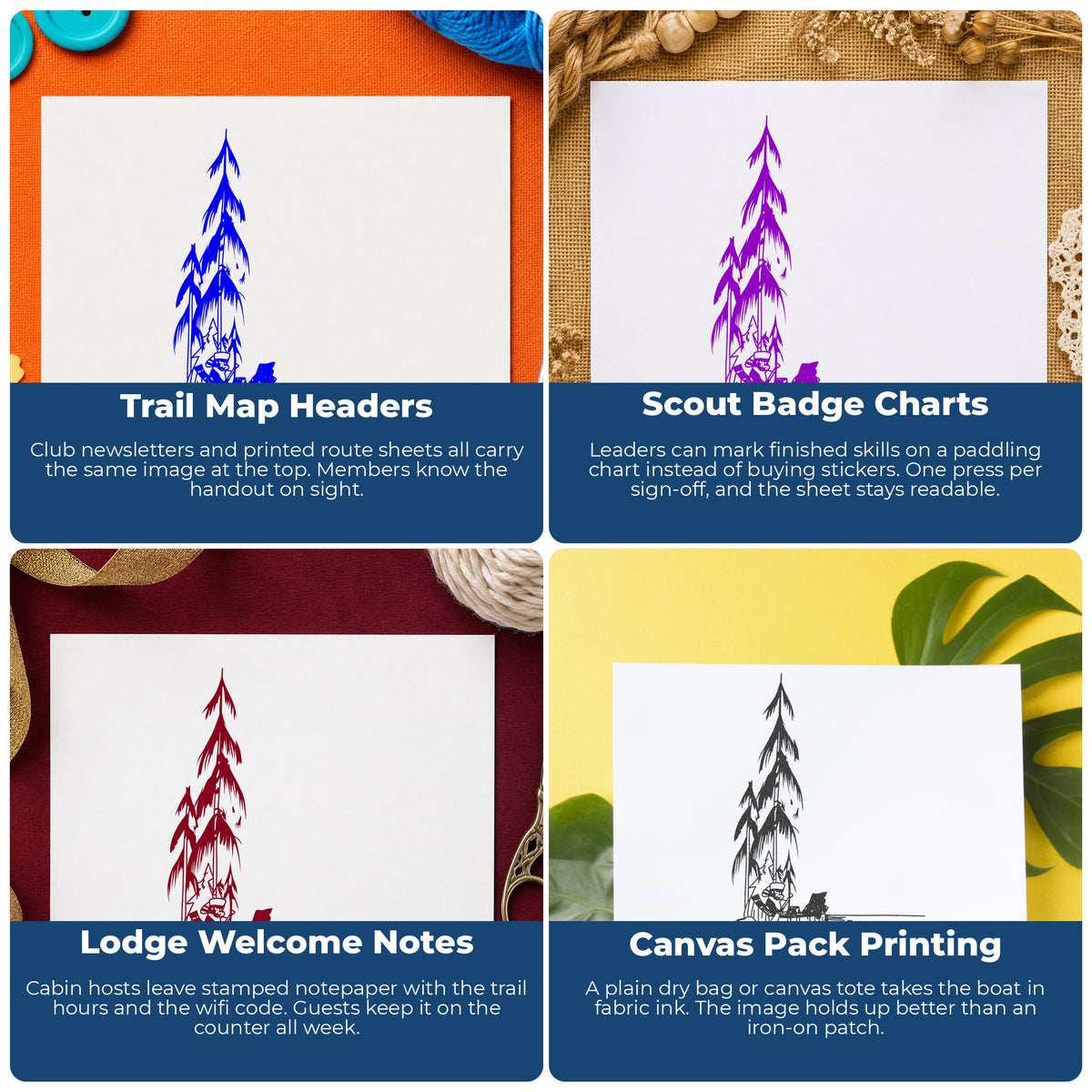 Canoe with Rower Rubber Stamp project ideas: Trail Map Headers, Scout Badge Charts, Lodge Welcome Notes and Canvas Pack Printing.