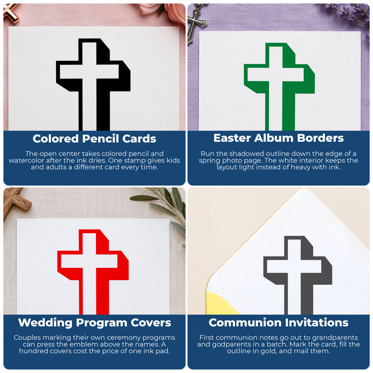 Outline Christian Cross Rubber Stamp project ideas: Colored Pencil Cards, Easter Album Borders, Wedding Program Covers and Communion Invitations.