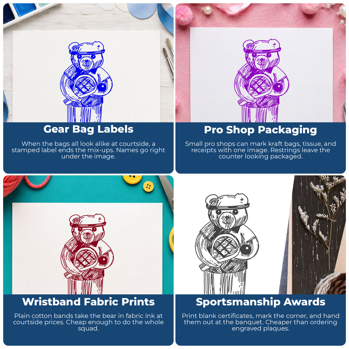 Boy Tennis Bear Rubber Stamp project ideas: Gear Bag Labels, Pro Shop Packaging, Wristband Fabric Prints and Sportsmanship Awards.