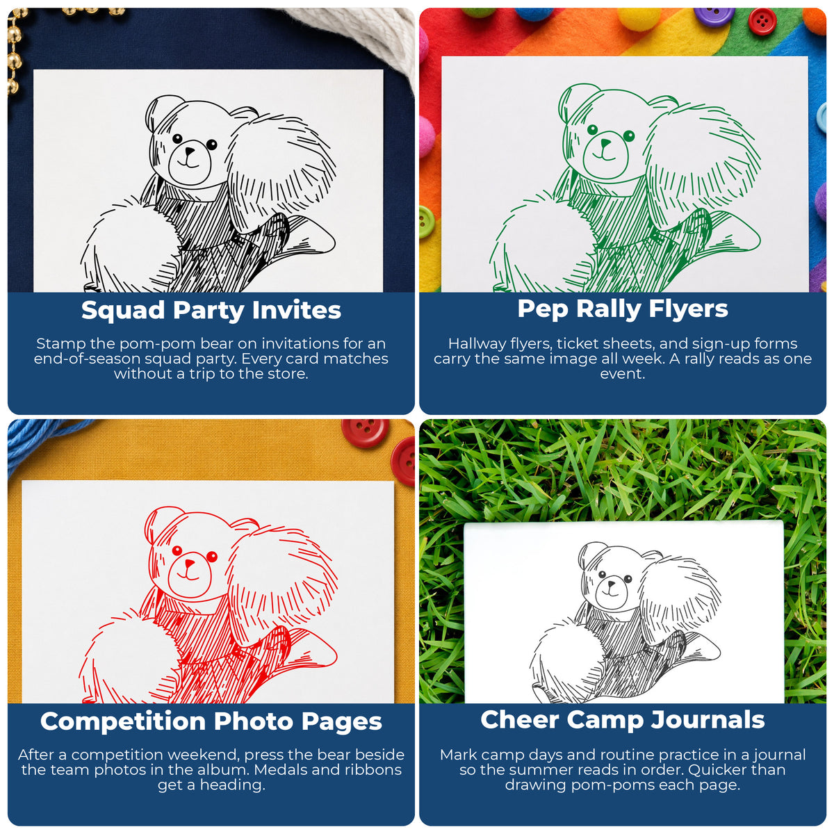 Cheerleader Bear with Pompoms Rubber Stamp project ideas: Squad Party Invites, Pep Rally Flyers, Competition Photo Pages and Cheer Camp Journals.