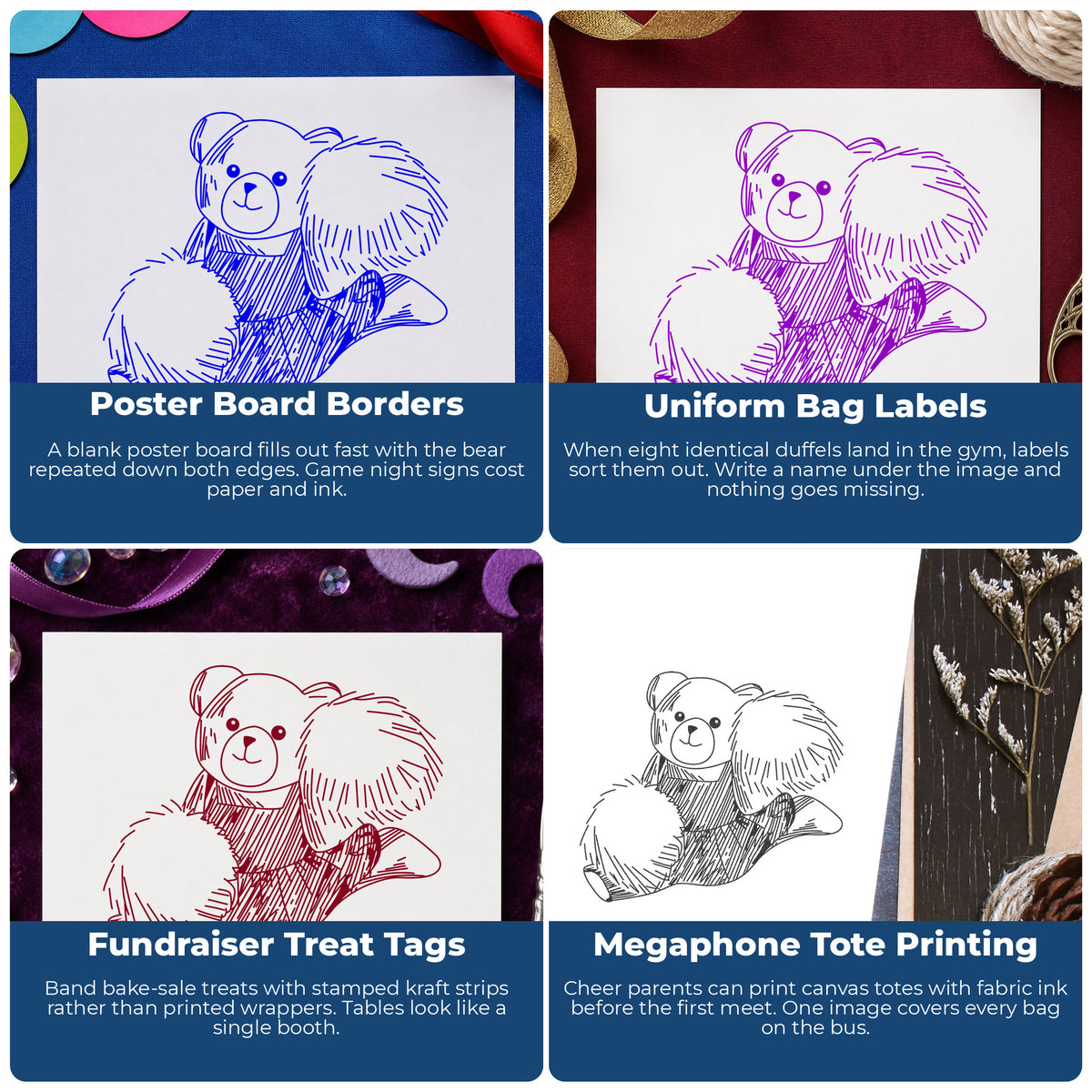 Cheerleader Bear with Pompoms Rubber Stamp project ideas: Poster Board Borders, Uniform Bag Labels, Fundraiser Treat Tags and Megaphone Tote Printing.
