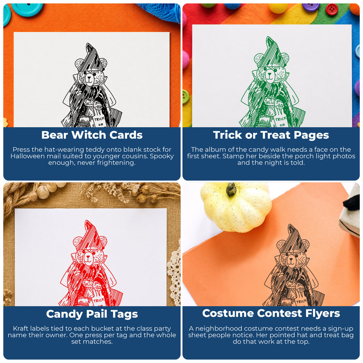 Witch Bear with Treat Bag Rubber Stamp project ideas: Bear Witch Cards, Trick or Treat Pages, Candy Pail Tags and Costume Contest Flyers.