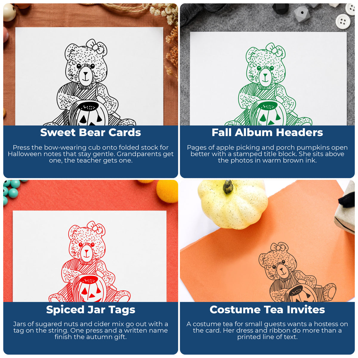 Bear with Jacko Lantern Rubber Stamp project ideas: Sweet Bear Cards, Fall Album Headers, Spiced Jar Tags and Costume Tea Invites.