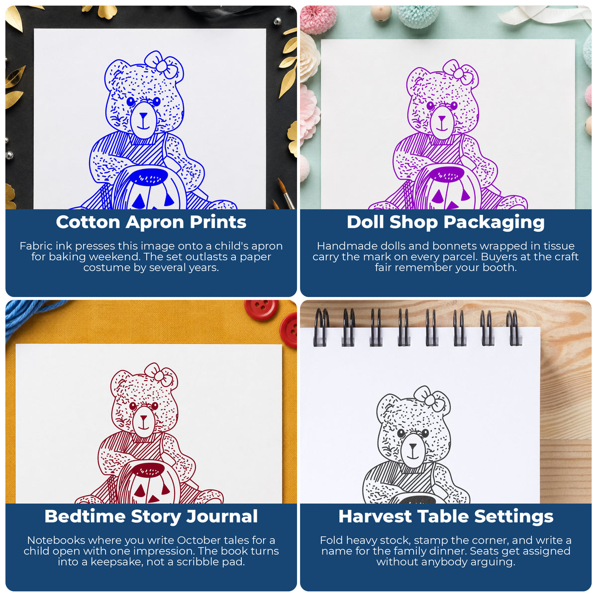 Bear with Jacko Lantern Rubber Stamp project ideas: Cotton Apron Prints, Doll Shop Packaging, Bedtime Story Journal and Harvest Table Settings.