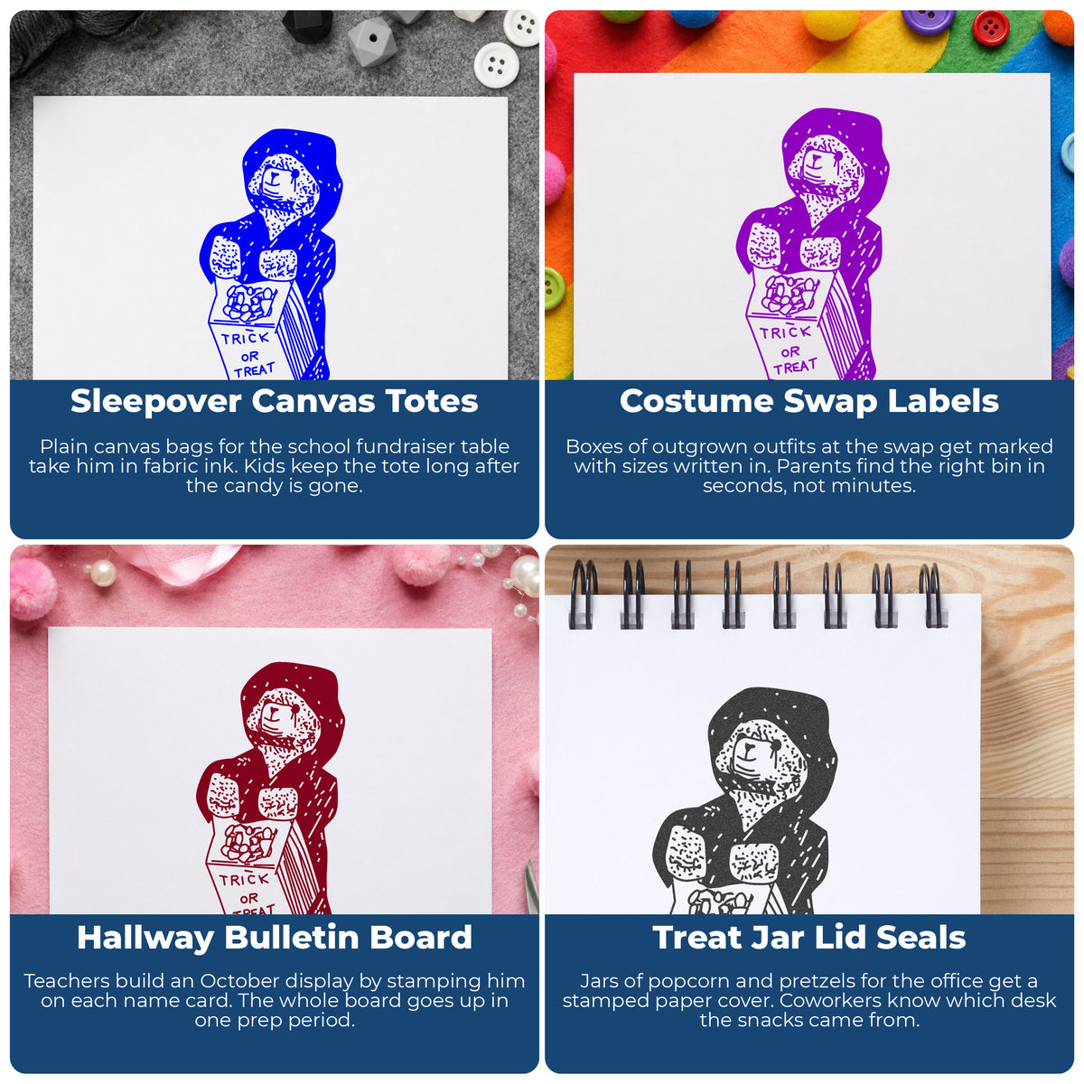 Trick-or-Treat Bear Rubber Stamp project ideas: Sleepover Canvas Totes, Costume Swap Labels, Hallway Bulletin Board and Treat Jar Lid Seals.
