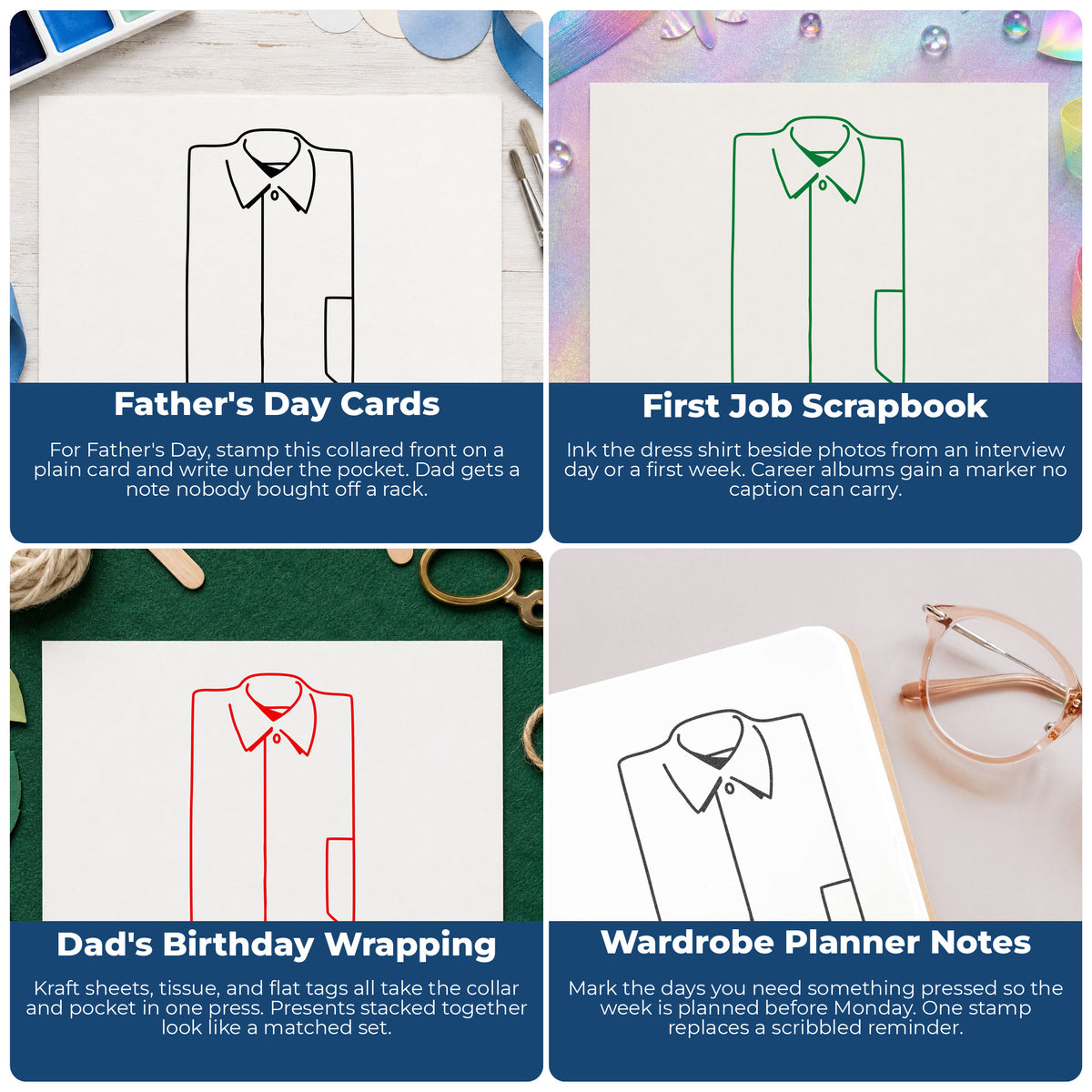 Solid Dress Shirt Front Rubber Stamp project ideas: Father's Day Cards, First Job Scrapbook, Dad's Birthday Wrapping and Wardrobe Planner Notes.