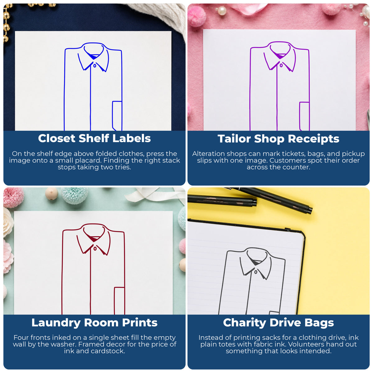 Solid Dress Shirt Front Rubber Stamp project ideas: Closet Shelf Labels, Tailor Shop Receipts, Laundry Room Prints and Charity Drive Bags.