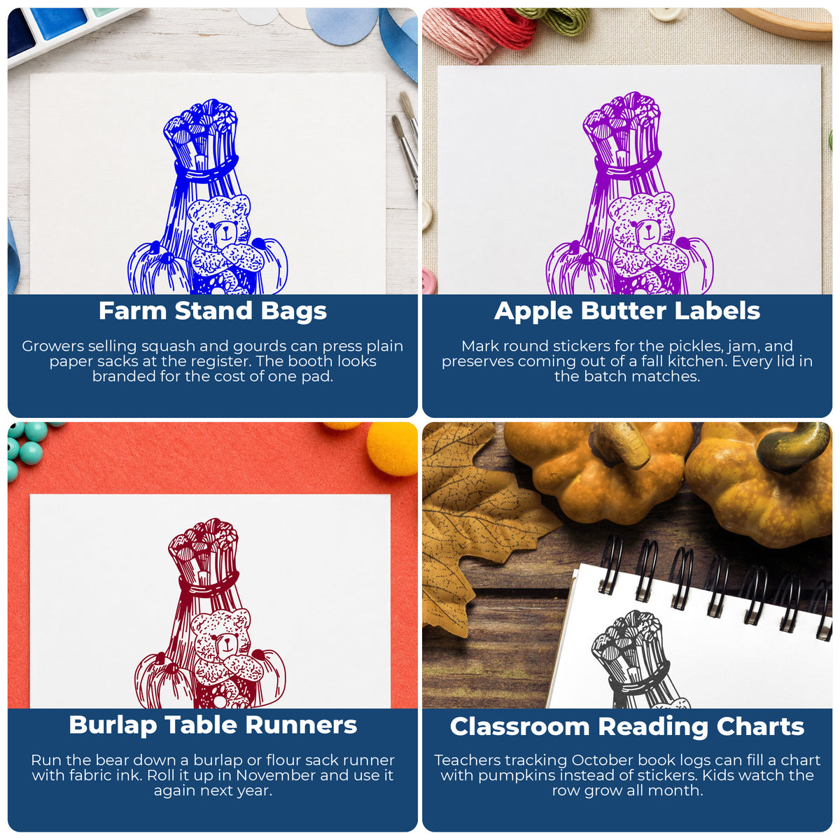 Bear with Cornstalks and Pumpkins Rubber Stamp project ideas: Farm Stand Bags, Apple Butter Labels, Burlap Table Runners and Classroom Reading Charts.