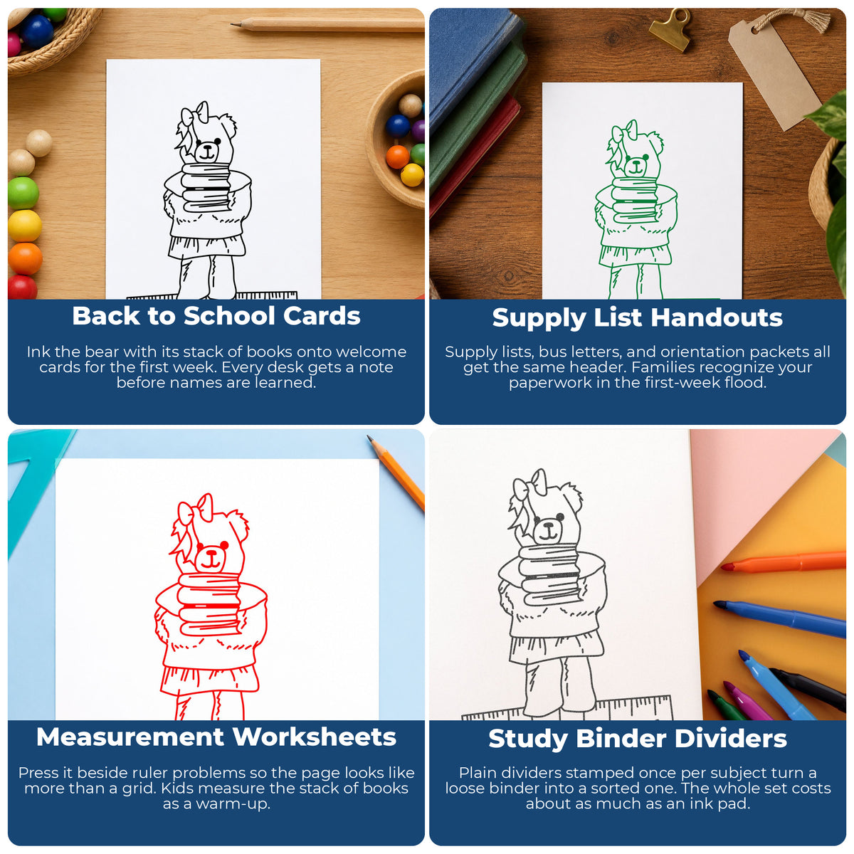 Bear with Books and Ruler Rubber Stamp project ideas: Back to School Cards, Supply List Handouts, Measurement Worksheets and Study Binder Dividers.