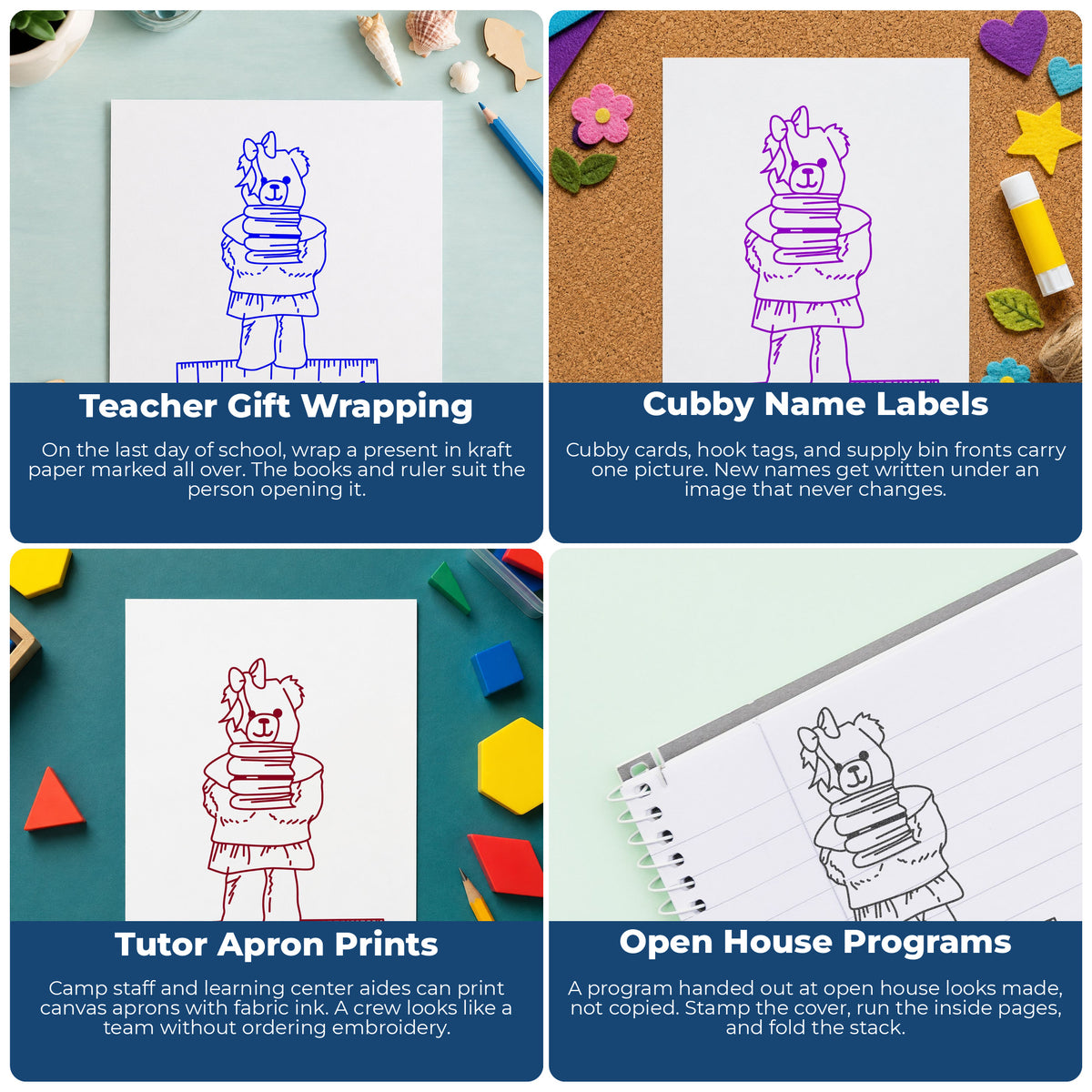 Bear with Books and Ruler Rubber Stamp project ideas: Teacher Gift Wrapping, Cubby Name Labels, Tutor Apron Prints and Open House Programs.