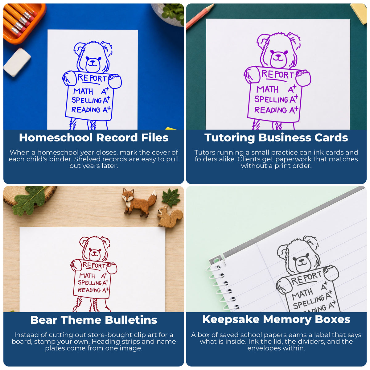 Bear Holding Report Card Rubber Stamp project ideas: Homeschool Record Files, Tutoring Business Cards, Bear Theme Bulletins and Keepsake Memory Boxes.