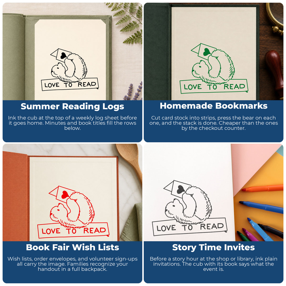 Love to Read Bear Rubber Stamp project ideas: Summer Reading Logs, Homemade Bookmarks, Book Fair Wish Lists and Story Time Invites.