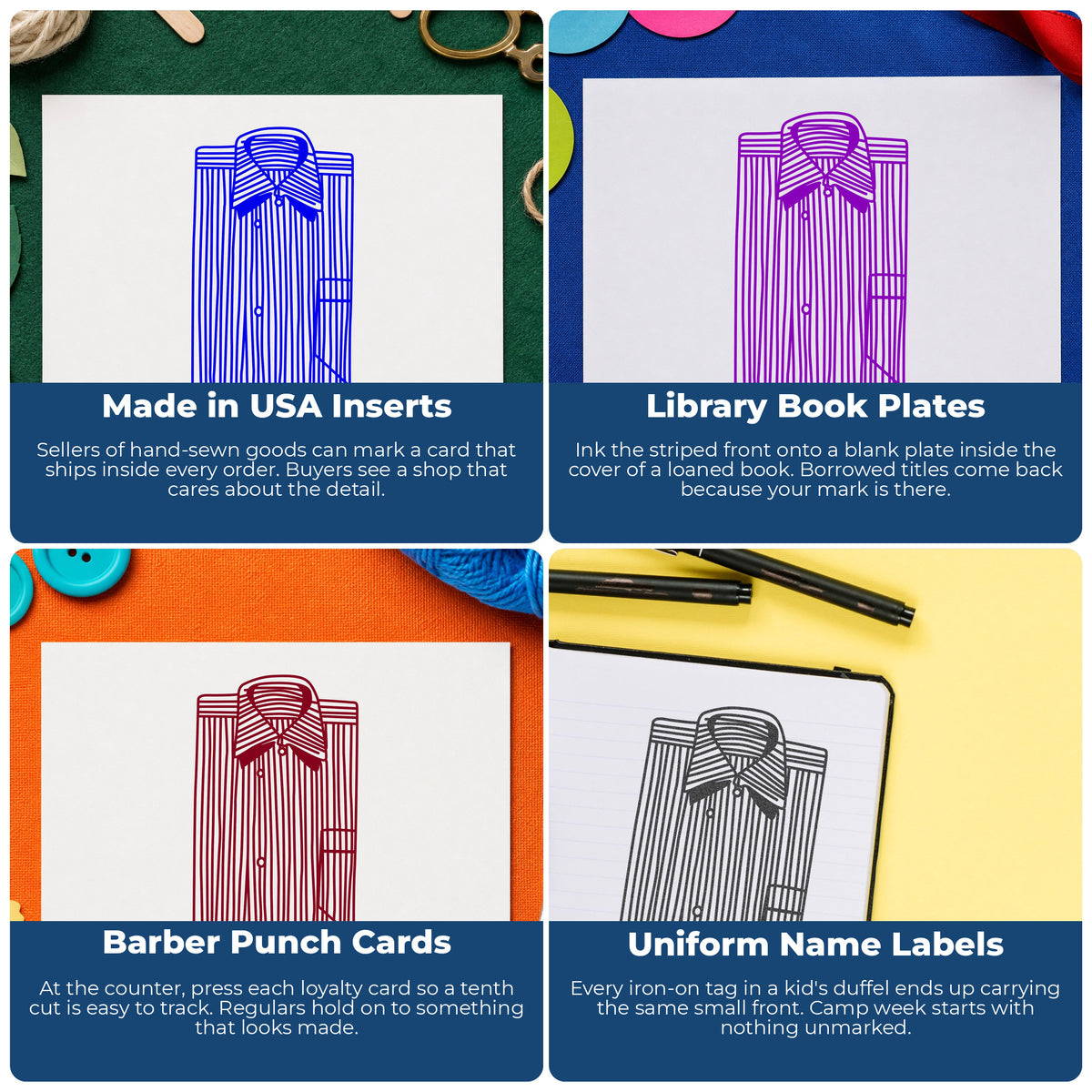 Dark Stripe Shirt Front Rubber Stamp project ideas: Made in USA Inserts, Library Book Plates, Barber Punch Cards and Uniform Name Labels.