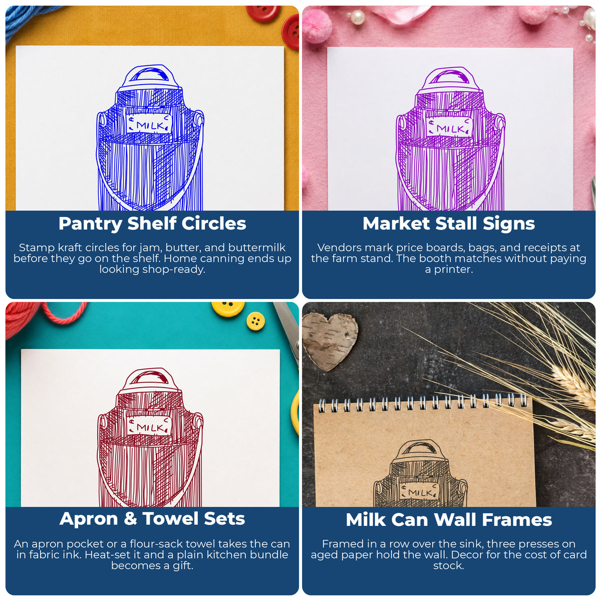 Single Milk Can Rubber Stamp project ideas: Pantry Shelf Circles, Market Stall Signs, Apron & Towel Sets and Milk Can Wall Frames.