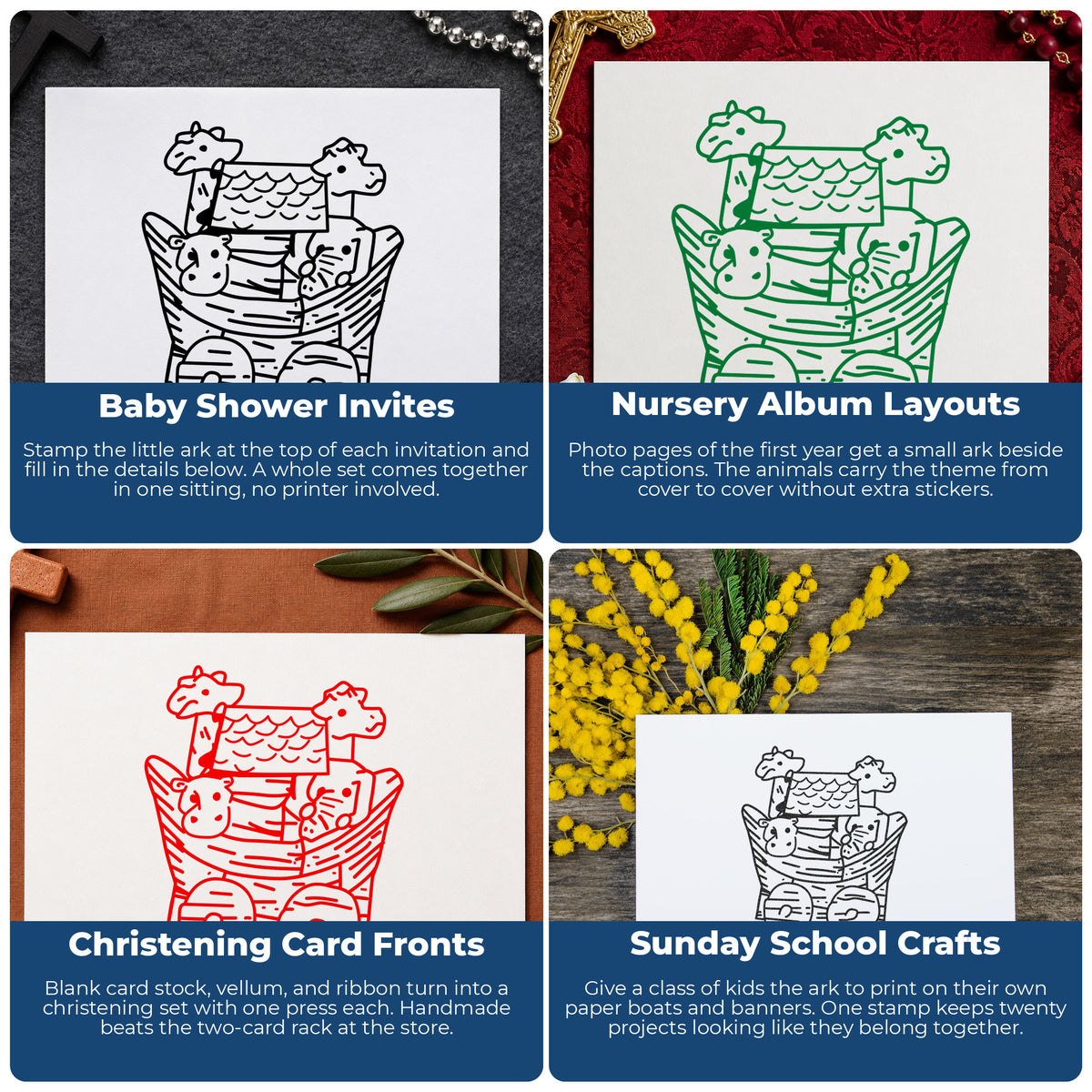 Noah's Ark with Animals Rubber Stamp Small project ideas: Baby Shower Invites, Nursery Album Layouts, Christening Card Fronts and Sunday School Crafts.