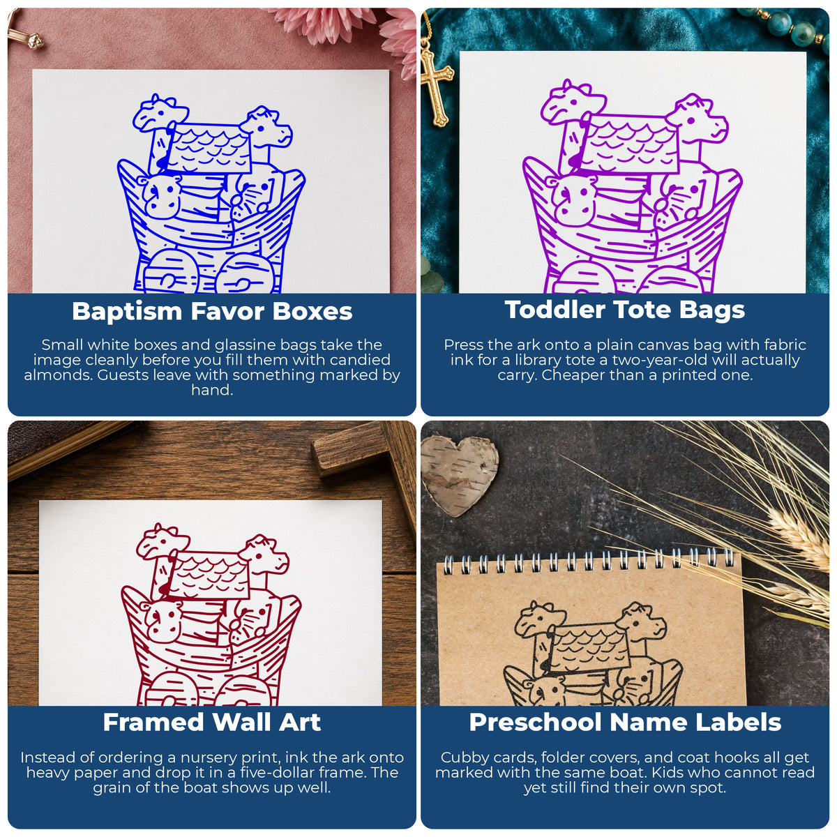 Noah's Ark with Animals Rubber Stamp Small project ideas: Baptism Favor Boxes, Toddler Tote Bags, Framed Wall Art and Preschool Name Labels.