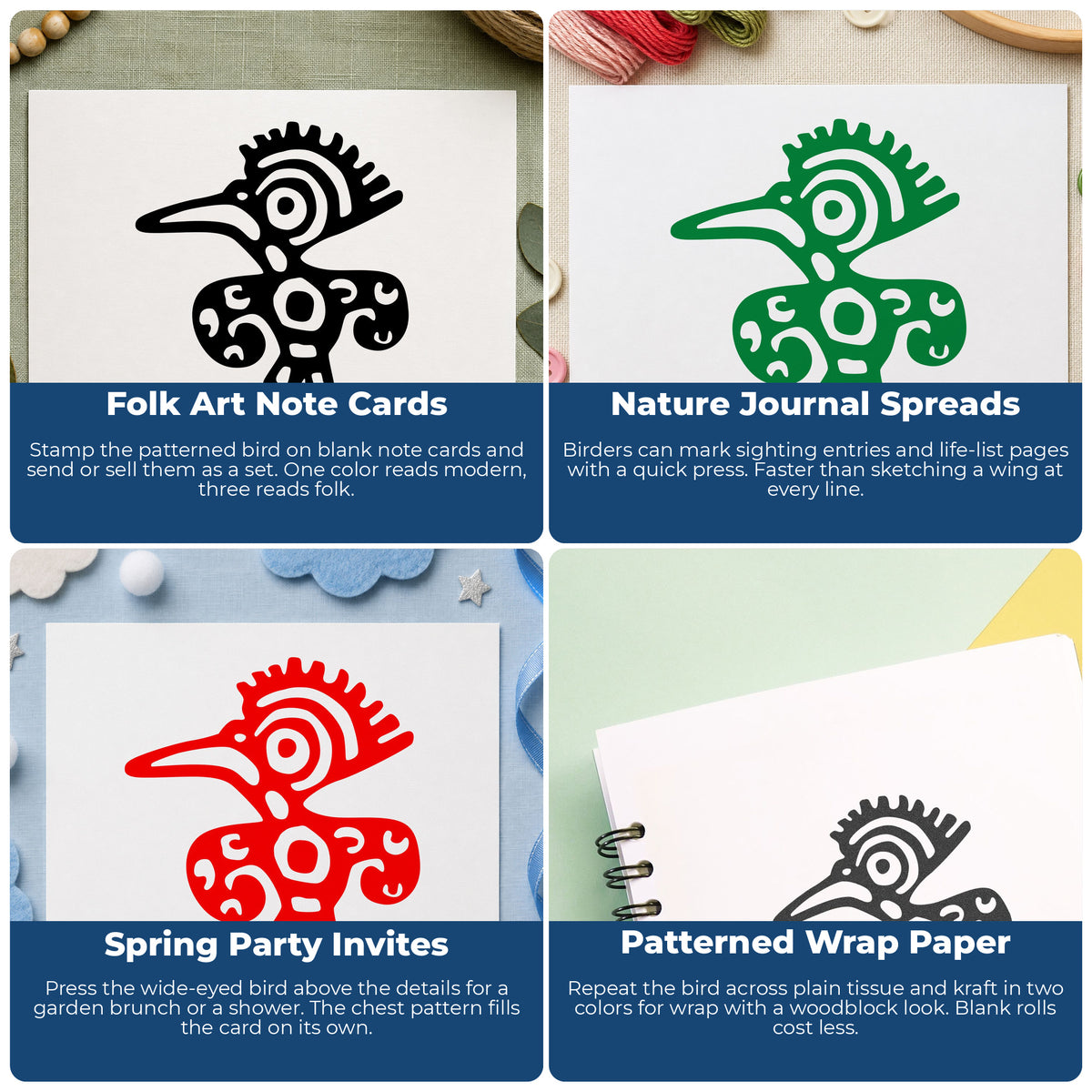 Wide Eyed Patterned Bird Rubber Stamp project ideas: Folk Art Note Cards, Nature Journal Spreads, Spring Party Invites and Patterned Wrap Paper.