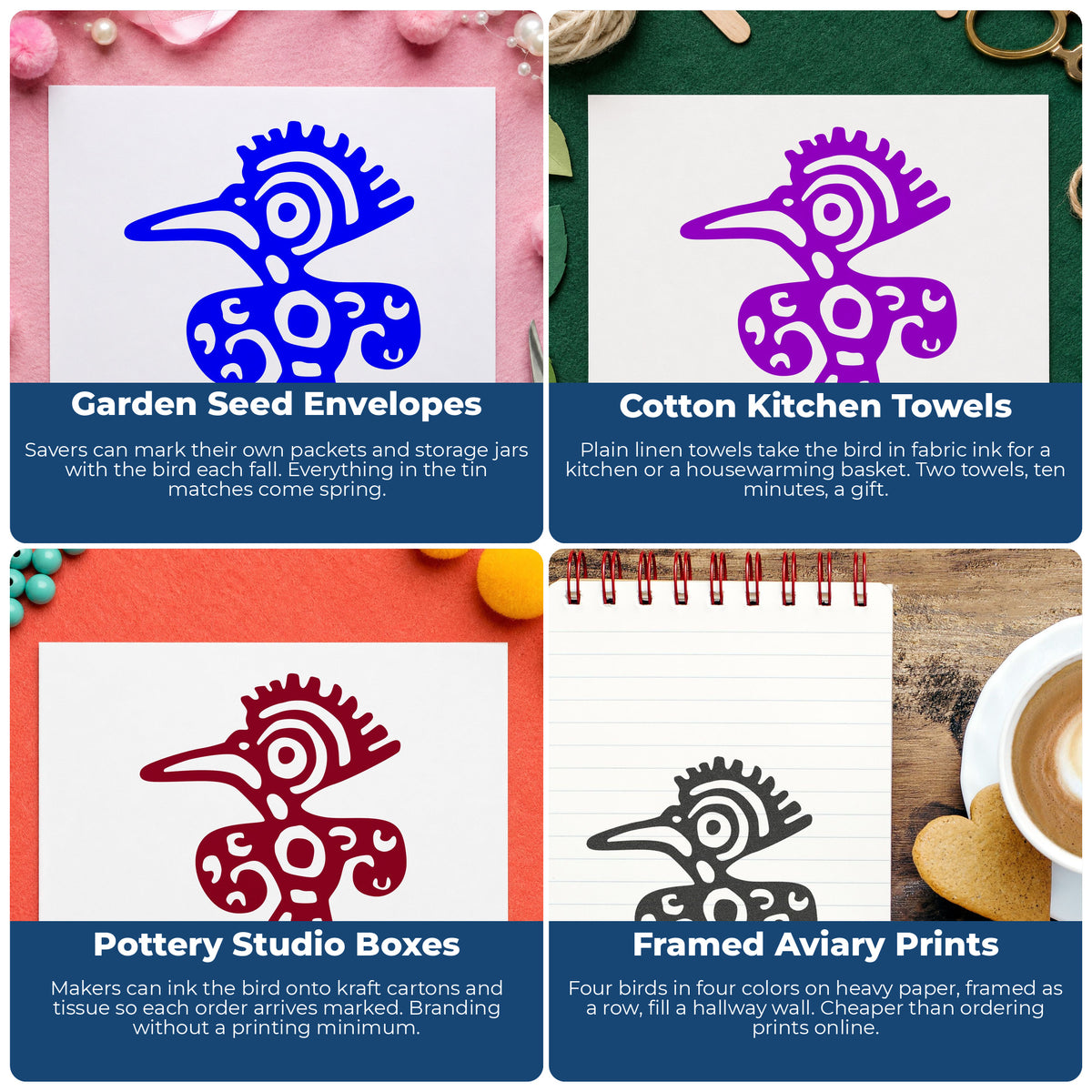 Wide Eyed Patterned Bird Rubber Stamp project ideas: Garden Seed Envelopes, Cotton Kitchen Towels, Pottery Studio Boxes and Framed Aviary Prints.