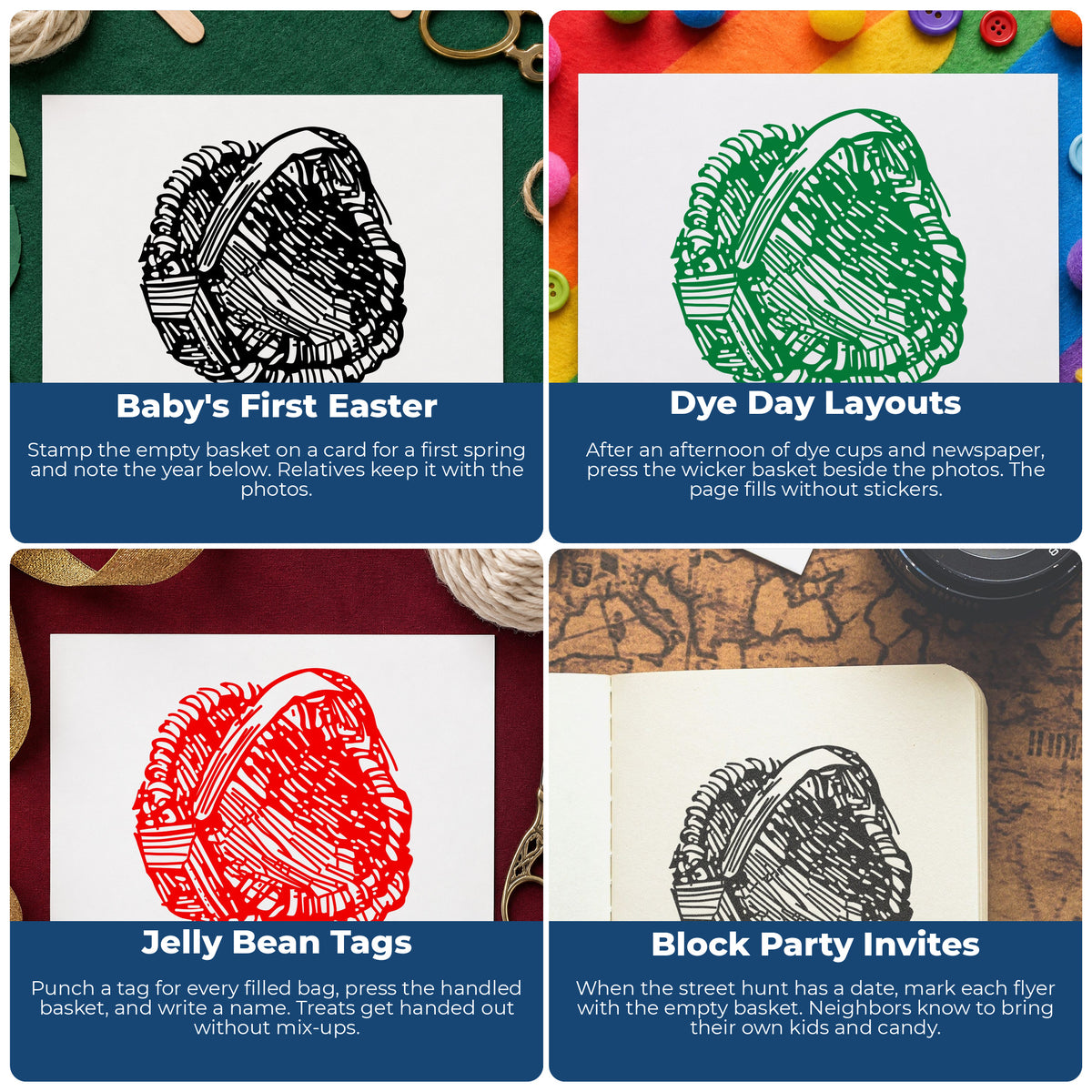 Empty Easter Basket Rubber Stamp project ideas: Baby's First Easter, Dye Day Layouts, Jelly Bean Tags and Block Party Invites.