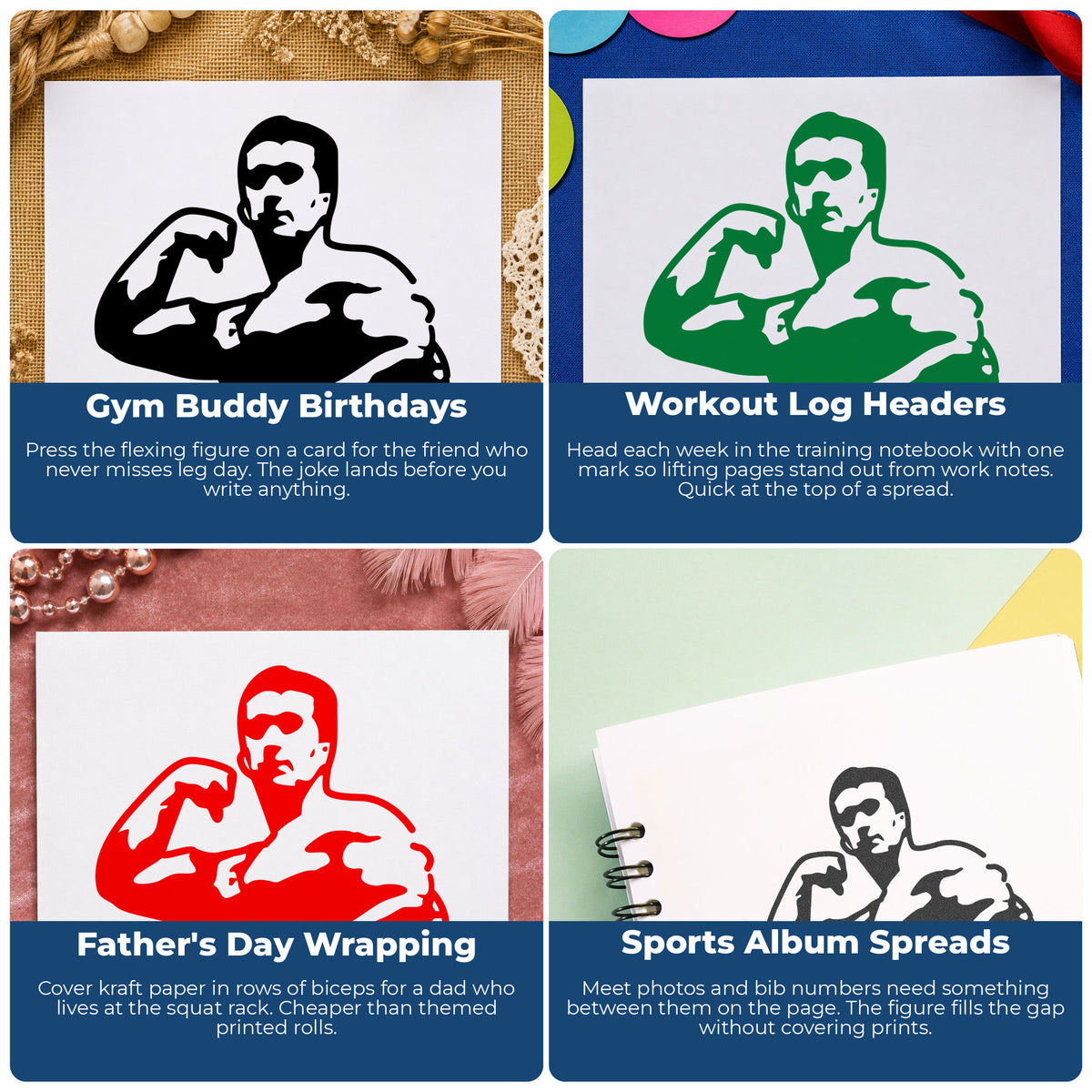 Flexing Muscle Man Rubber Stamp project ideas: Gym Buddy Birthdays, Workout Log Headers, Father's Day Wrapping and Sports Album Spreads.
