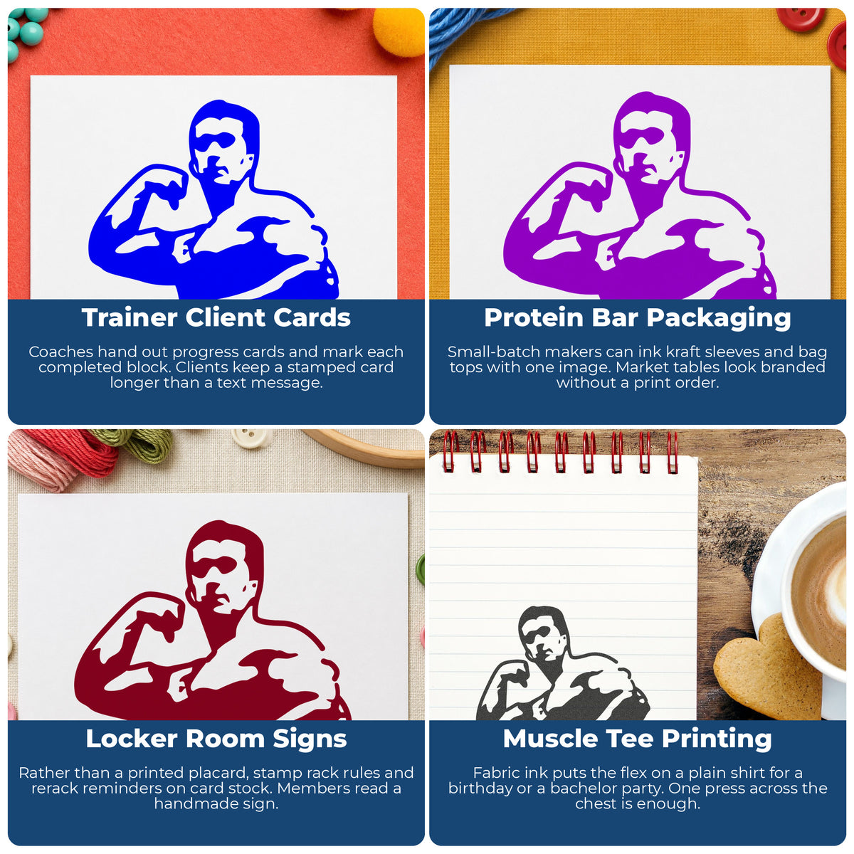 Flexing Muscle Man Rubber Stamp project ideas: Trainer Client Cards, Protein Bar Packaging, Locker Room Signs and Muscle Tee Printing.