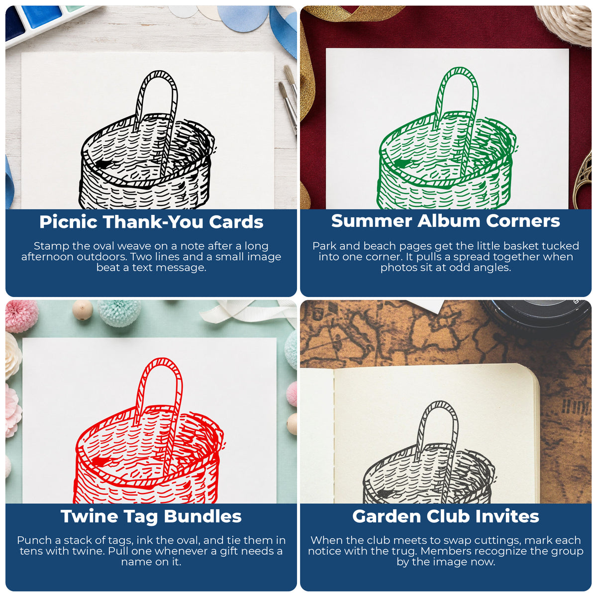 Oval Woven Basket Rubber Stamp project ideas: Picnic Thank-You Cards, Summer Album Corners, Twine Tag Bundles and Garden Club Invites.