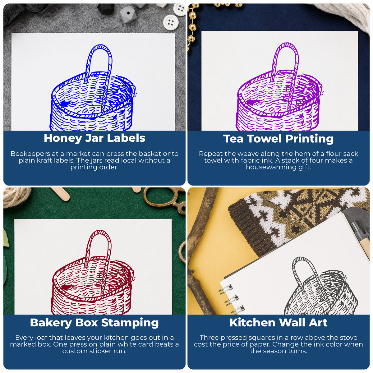 Oval Woven Basket Rubber Stamp project ideas: Honey Jar Labels, Tea Towel Printing, Bakery Box Stamping and Kitchen Wall Art.