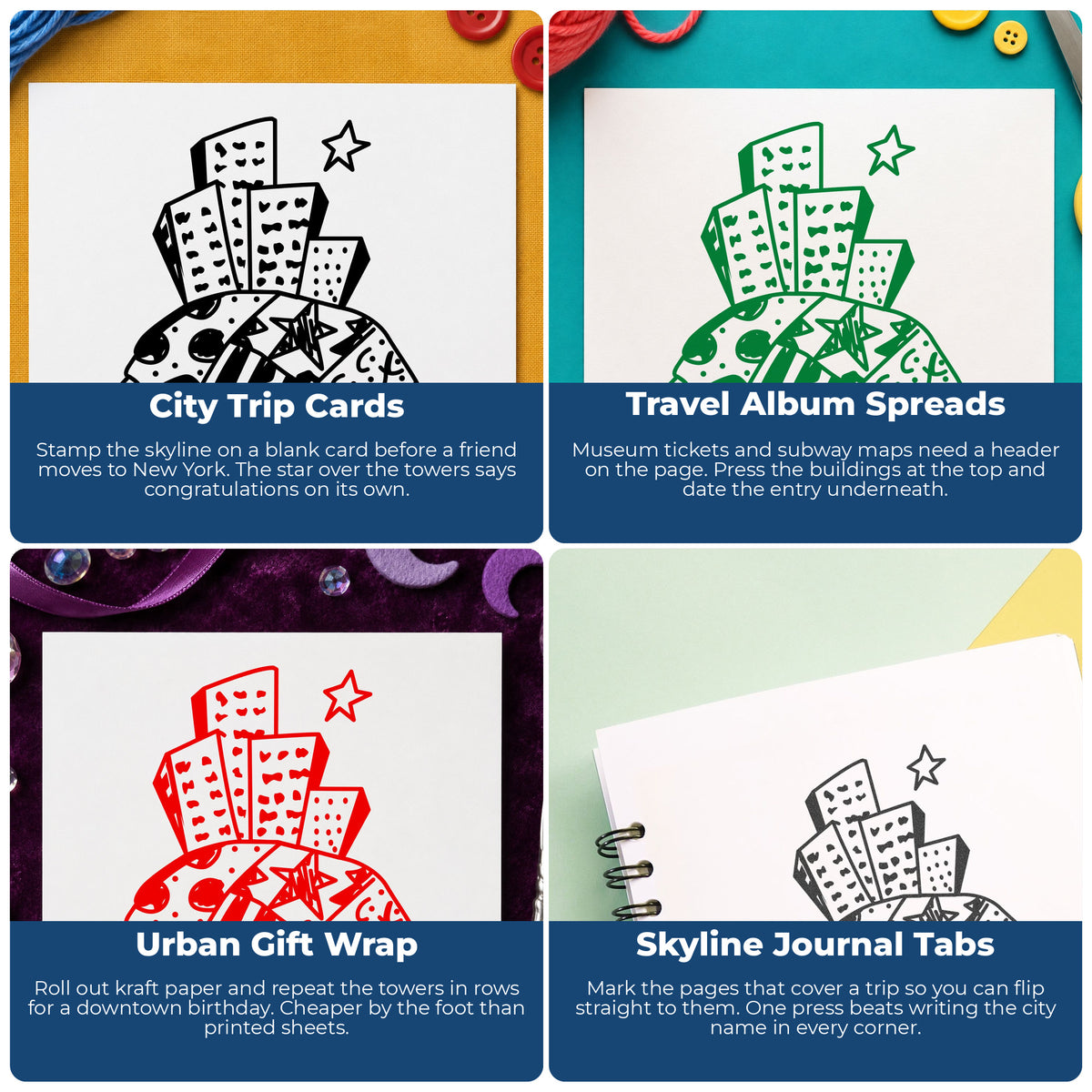 Cartoon Skyscrapers Rubber Stamp project ideas: City Trip Cards, Travel Album Spreads, Urban Gift Wrap and Skyline Journal Tabs.
