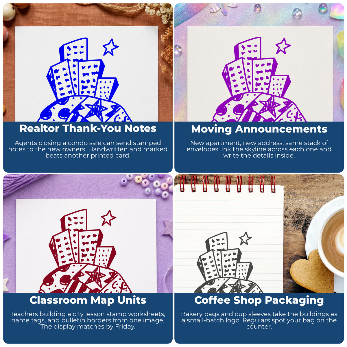 Cartoon Skyscrapers Rubber Stamp project ideas: Realtor Thank-You Notes, Moving Announcements, Classroom Map Units and Coffee Shop Packaging.