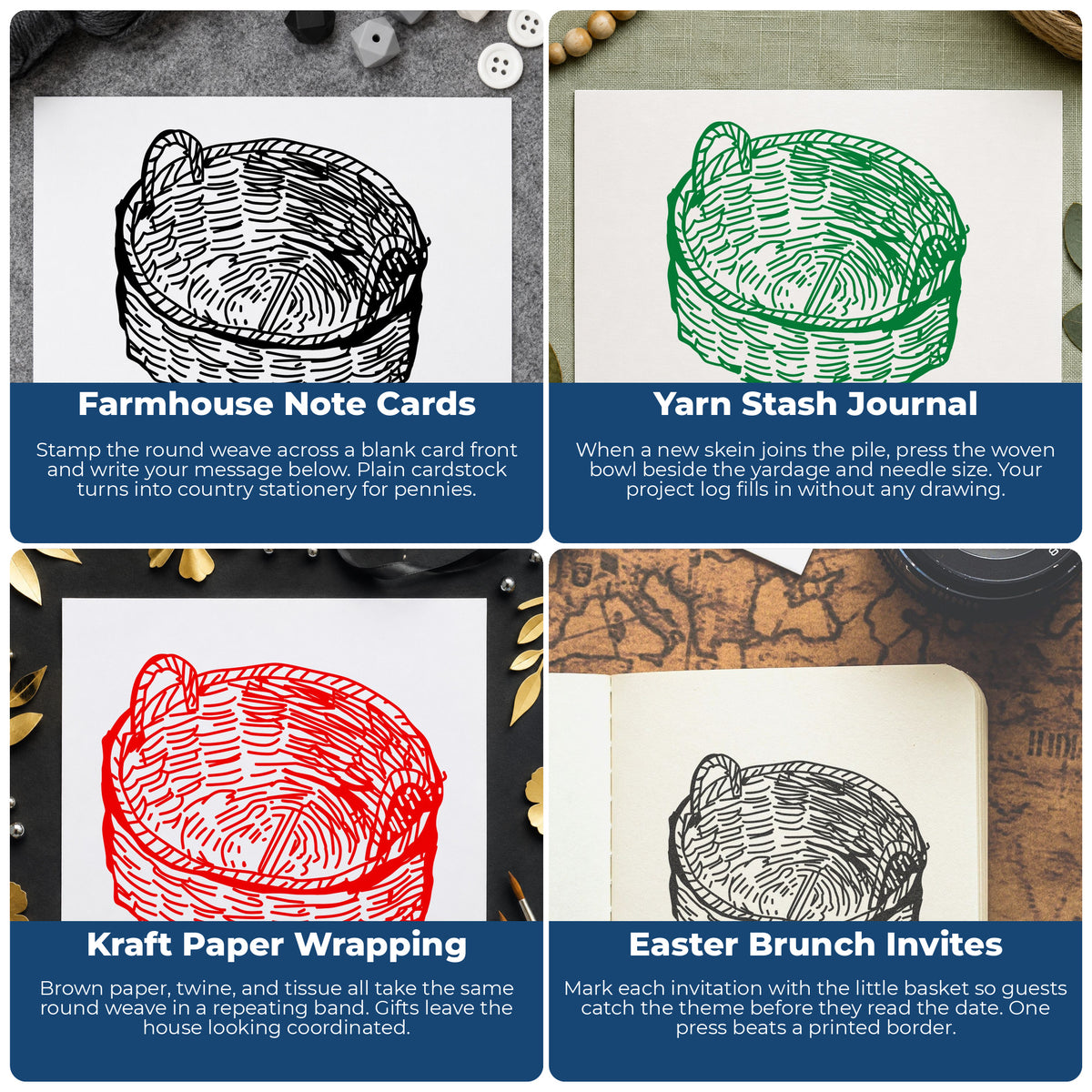 Round Woven Basket Rubber Stamp project ideas: Farmhouse Note Cards, Yarn Stash Journal, Kraft Paper Wrapping and Easter Brunch Invites.