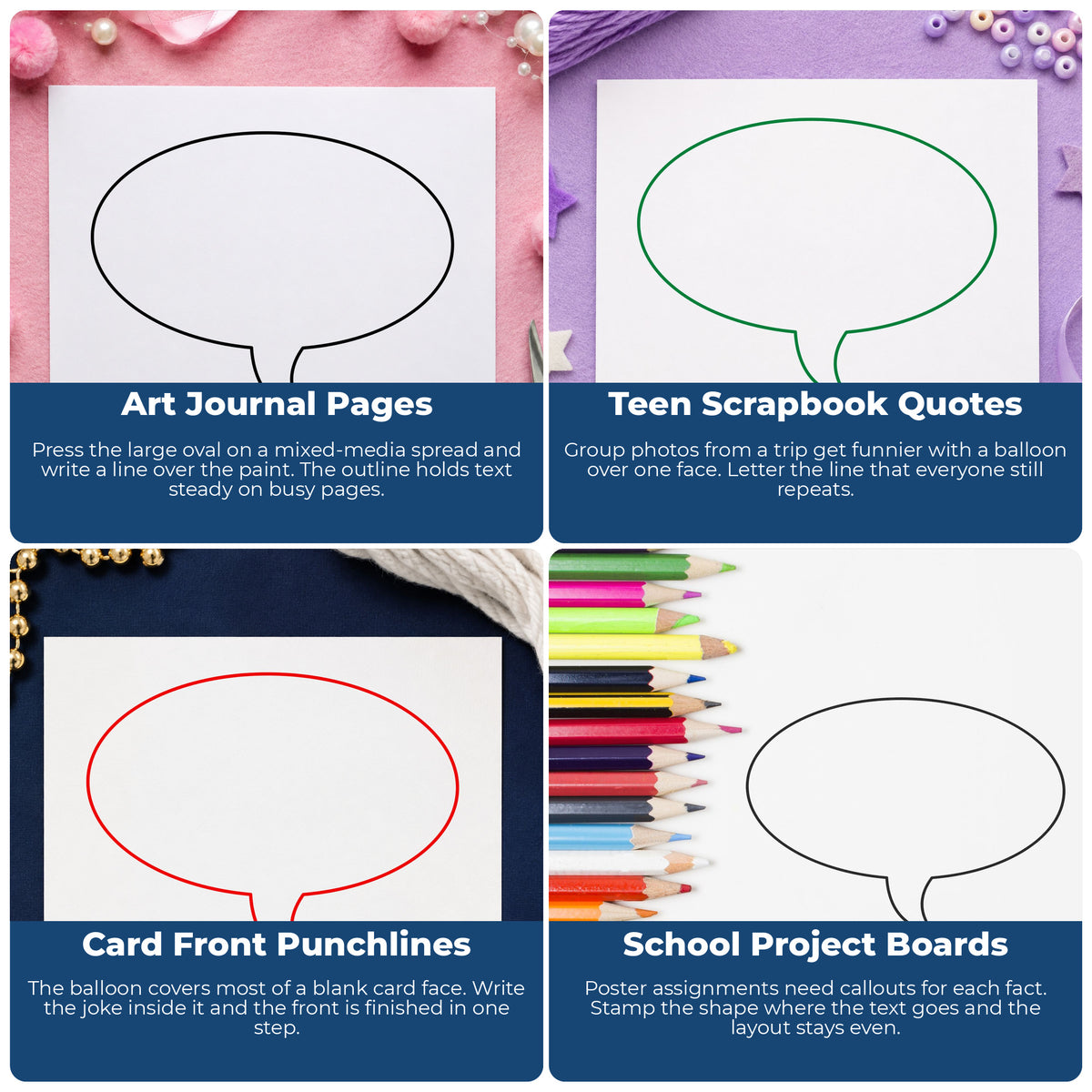 Left Oval Thought Bubble Rubber Stamp Large project ideas: Art Journal Pages, Teen Scrapbook Quotes, Card Front Punchlines and School Project Boards.