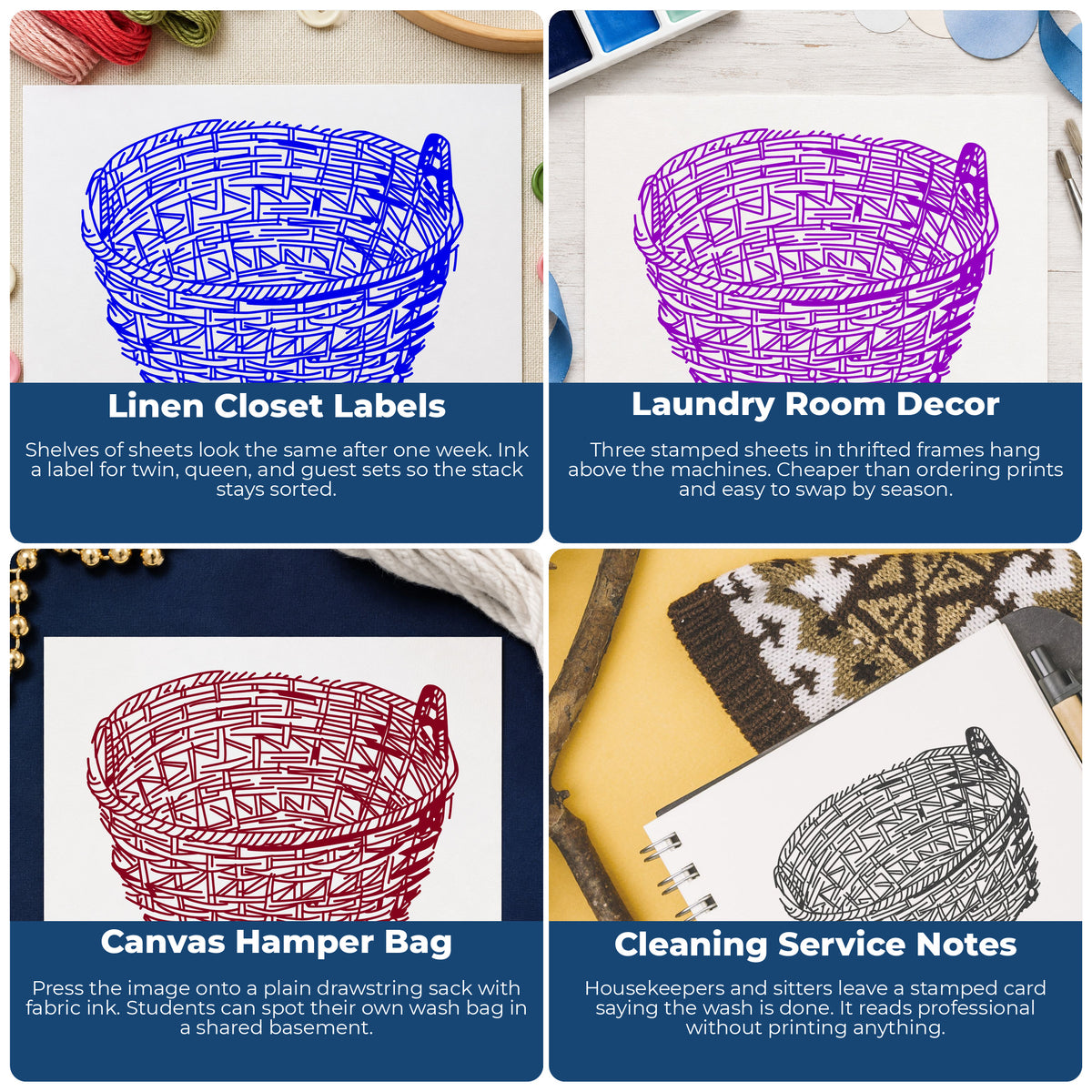 Empty Laundry Basket Rubber Stamp project ideas: Linen Closet Labels, Laundry Room Decor, Canvas Hamper Bag and Cleaning Service Notes.