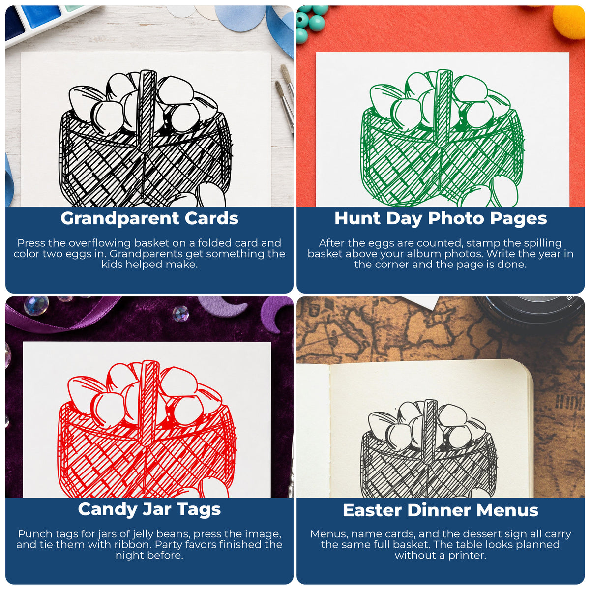 Easter Egg Basket Rubber Stamp project ideas: Grandparent Cards, Hunt Day Photo Pages, Candy Jar Tags and Easter Dinner Menus.