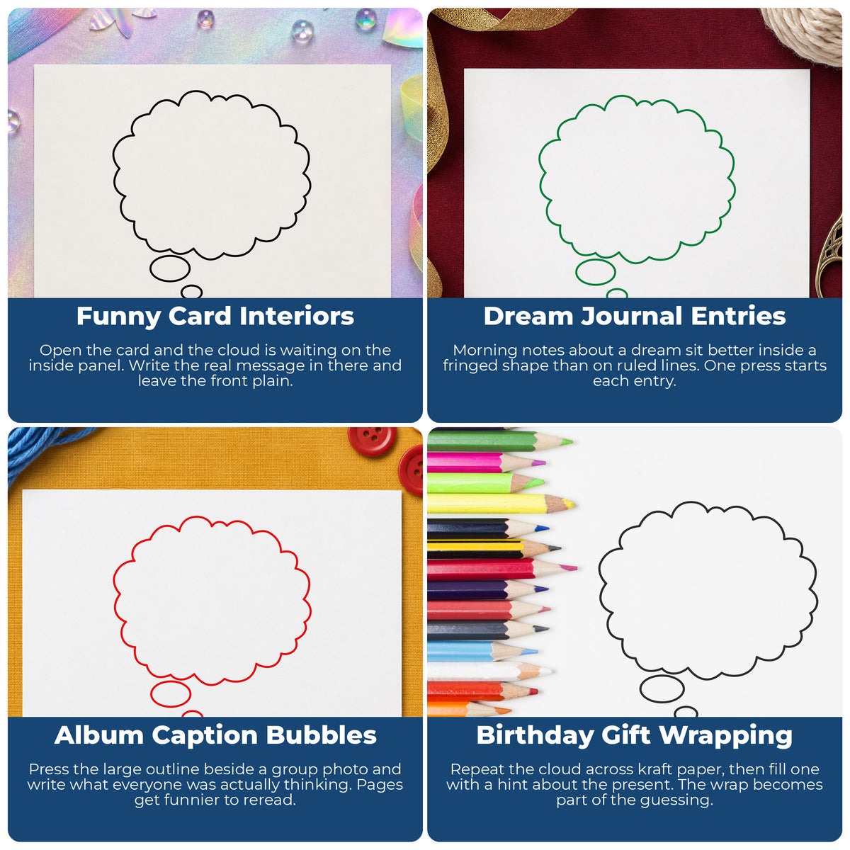 Left Thought Cloud Rubber Stamp Large project ideas: Funny Card Interiors, Dream Journal Entries, Album Caption Bubbles and Birthday Gift Wrapping.