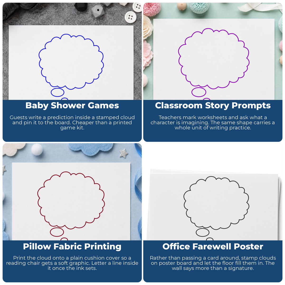 Left Thought Cloud Rubber Stamp Large project ideas: Baby Shower Games, Classroom Story Prompts, Pillow Fabric Printing and Office Farewell Poster.